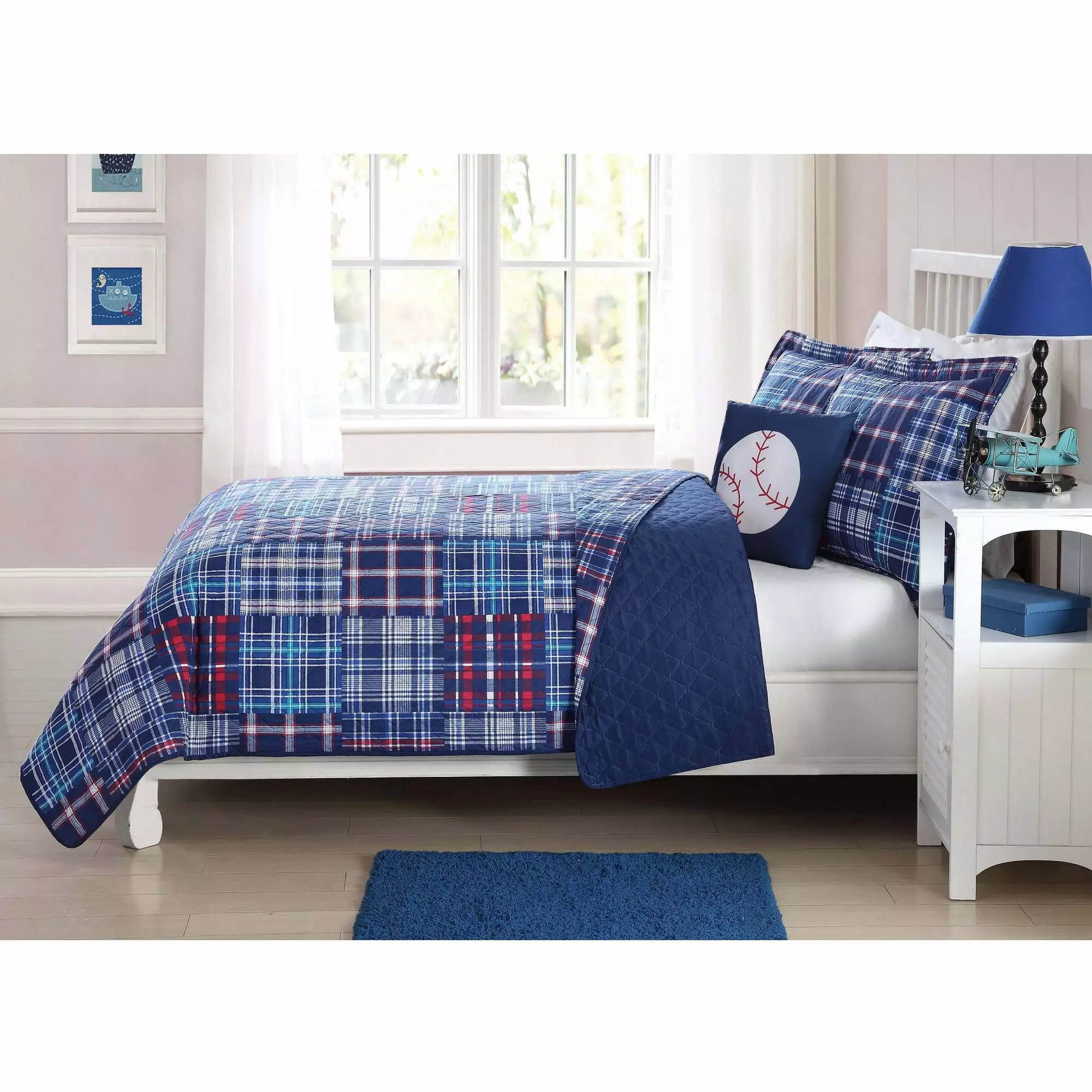 My World Navy Plaid Patch Full Quilt Mini Set with BONUS Decorative Pillow