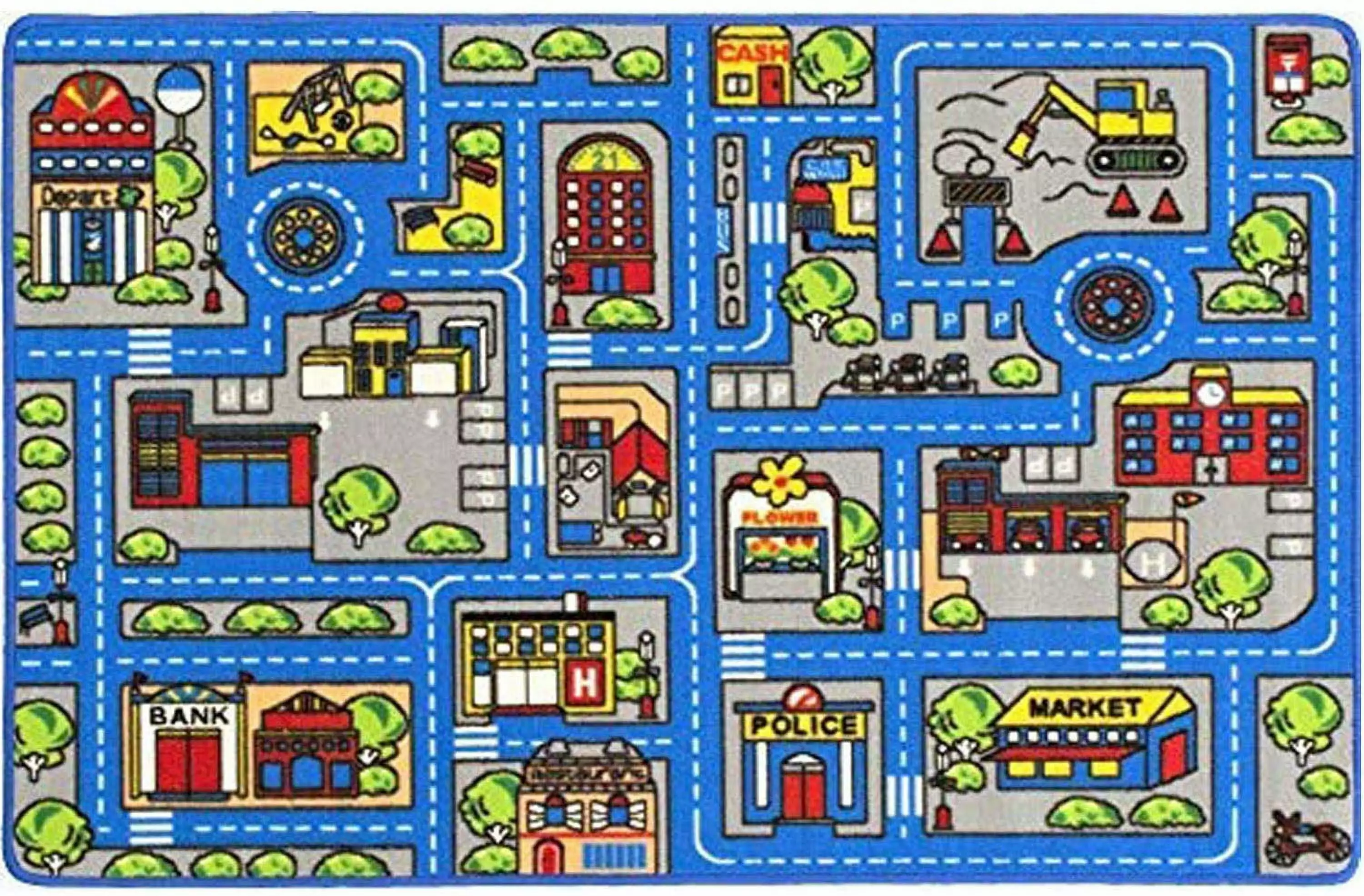 Mybecca Kids Rug Town Map 5' x 7' Children's Area - Blue Street Map