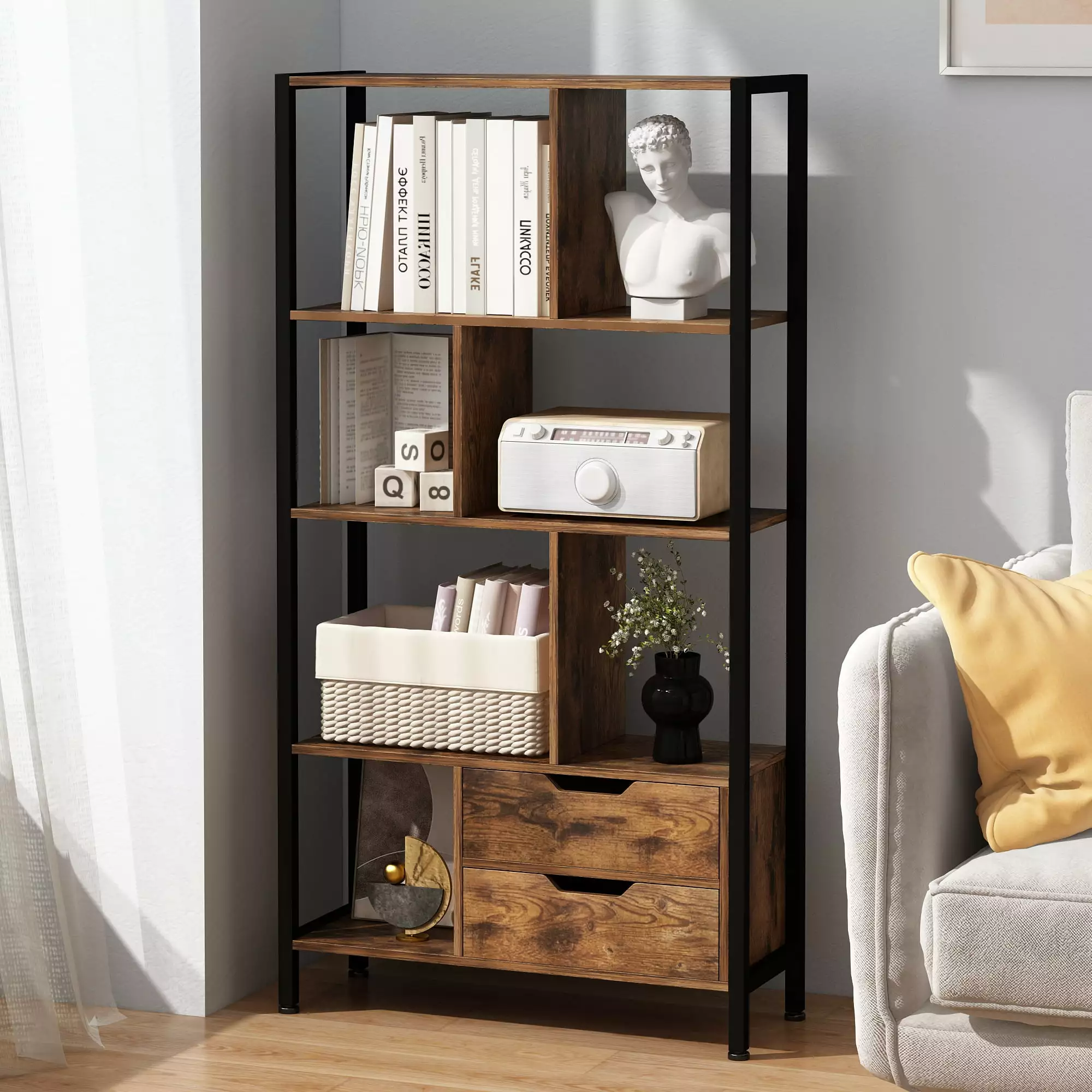 NAIYUFA Bookcase with Metal frame. 4-Tier Wood Bookshelf with 2 Drawers.Book Display Shelf for Living Room. Bedroom. Office room.Brown