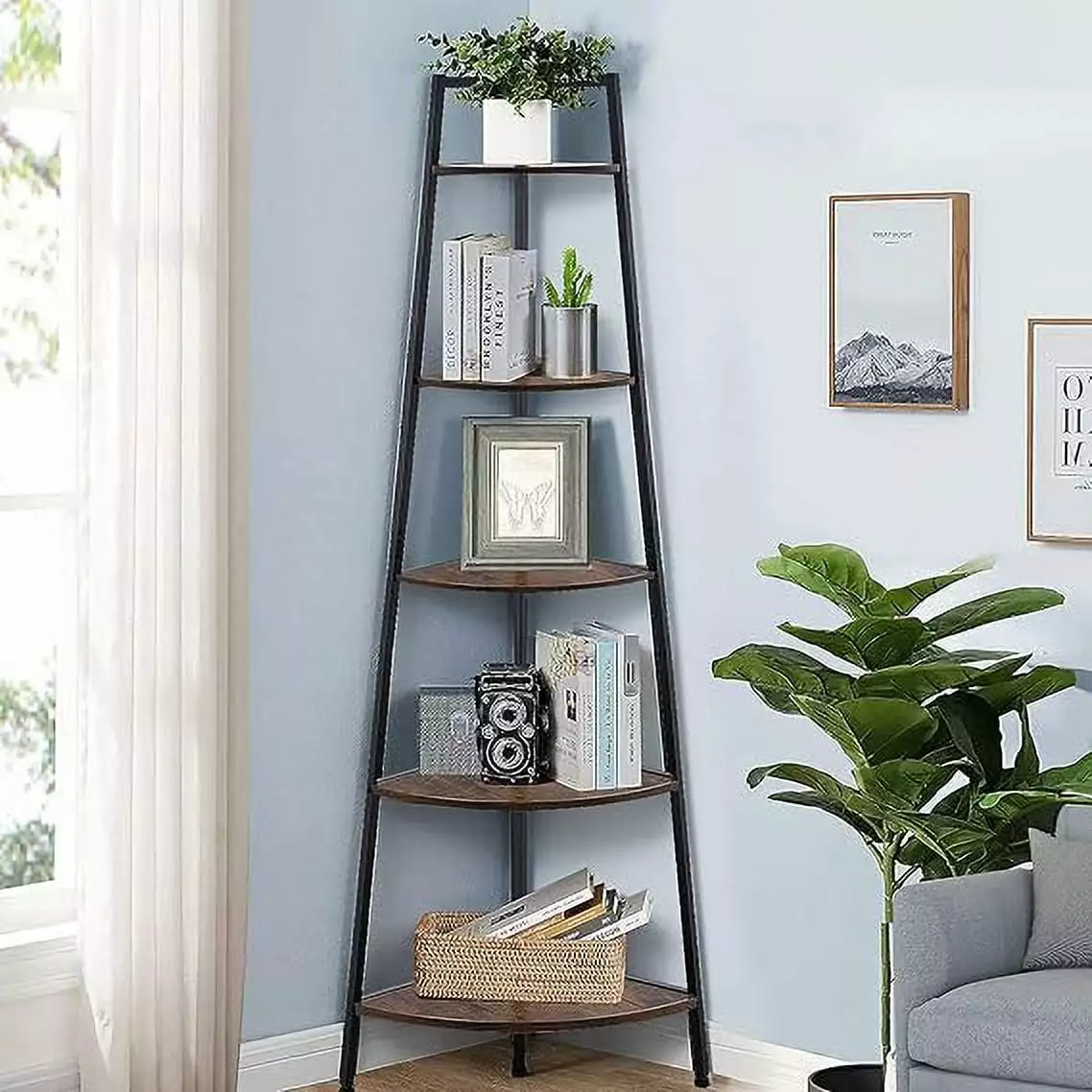 NAIYUFA Corner Shelf 5 Tier Brown Wood Display Shelves .Multipurpose Bookcase.68 Tall Bookshelf for Living Room. Home Office. Small Space