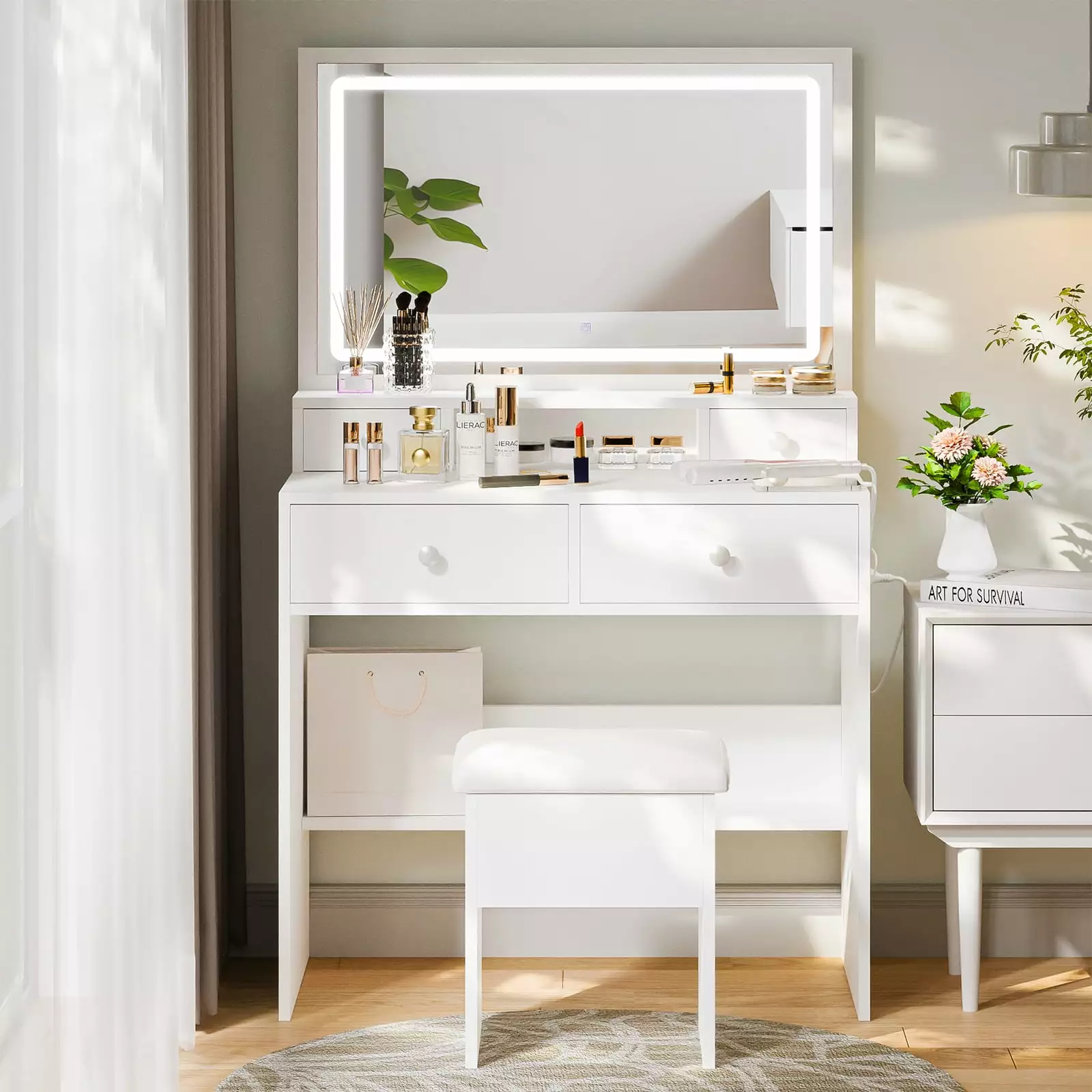 NEDYO White Vanity Desk Set with LED Mirror. Power Outlet. Modern Makeup Table for Bedroom Bathroom