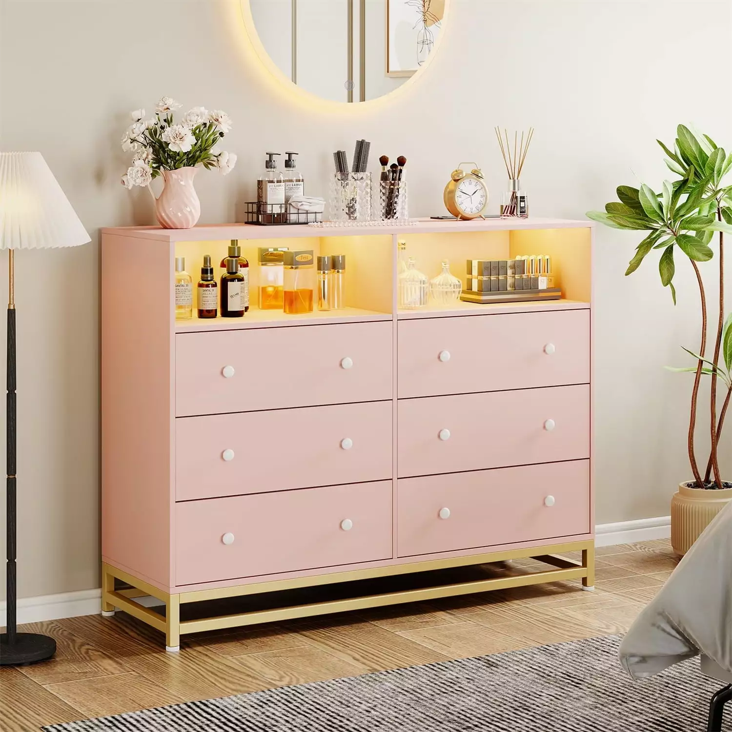 NEILA 6 Drawers Double Dresser for Bedroom.Dresser TV Stand with Power Outlet & LED Light.Large Capacity Chest of Drawers Dresser for Bedroom.Hallway.Entryway