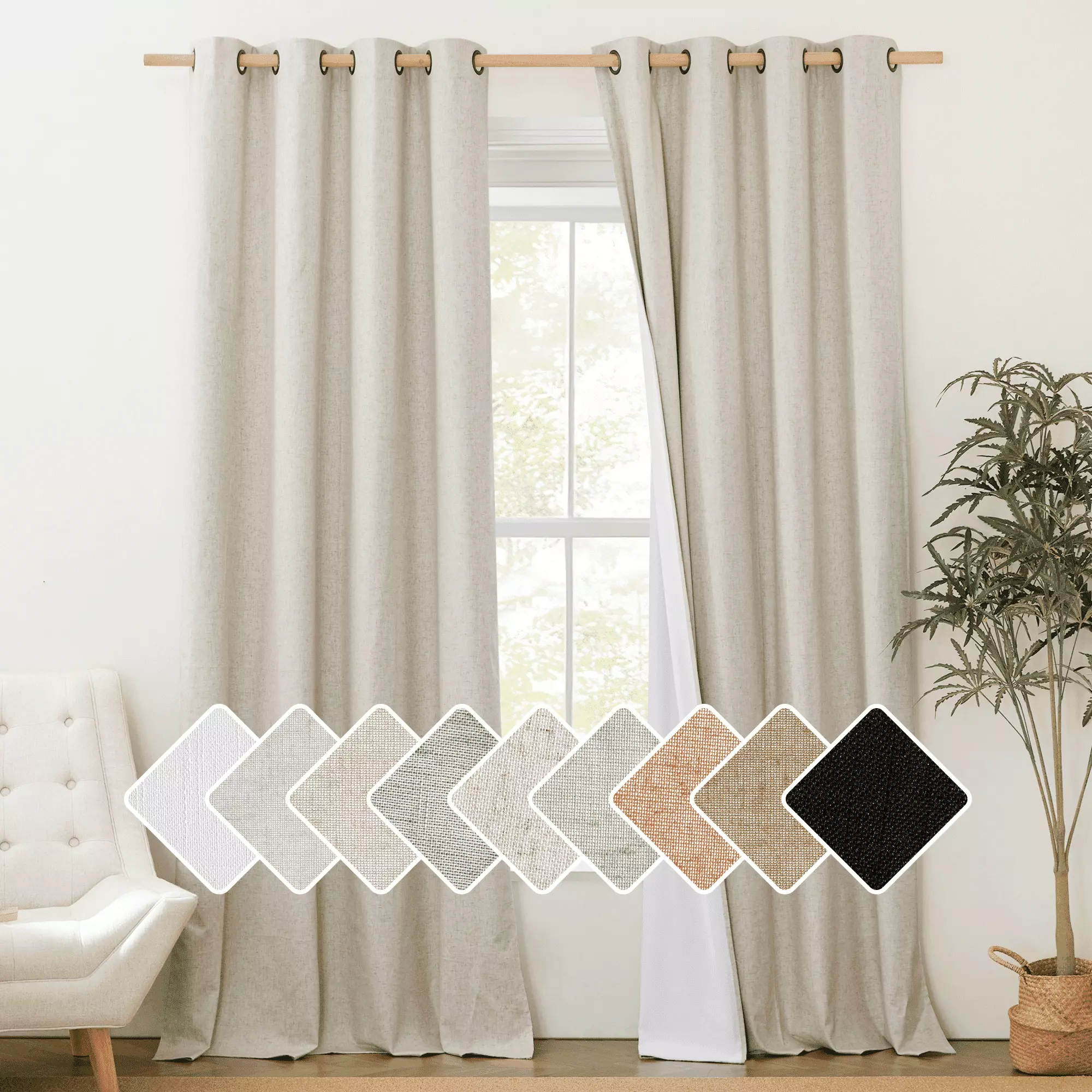 NICETOWN 100% Blackout Natural Linen Warm Curtains 90 inches Long for Winter. 2 Panels. 52W. Cold Reducing Window Draperies with Thermal Insulated Liners for Dining Room