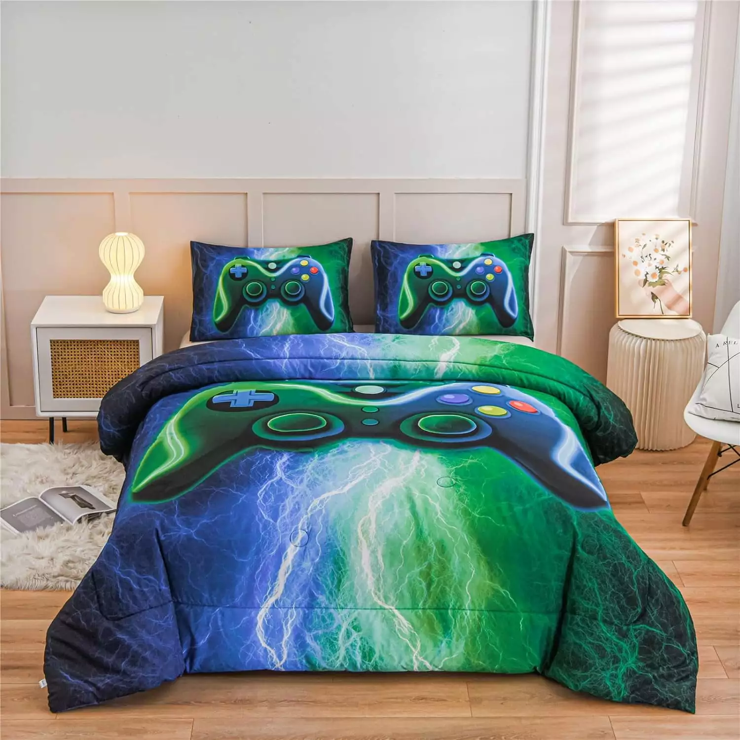 NTBED Blue Green Gaming Bedding Sets Tie Dye Queen Comforter Set for Boys Games Console Bedroom Decor Quilt Set