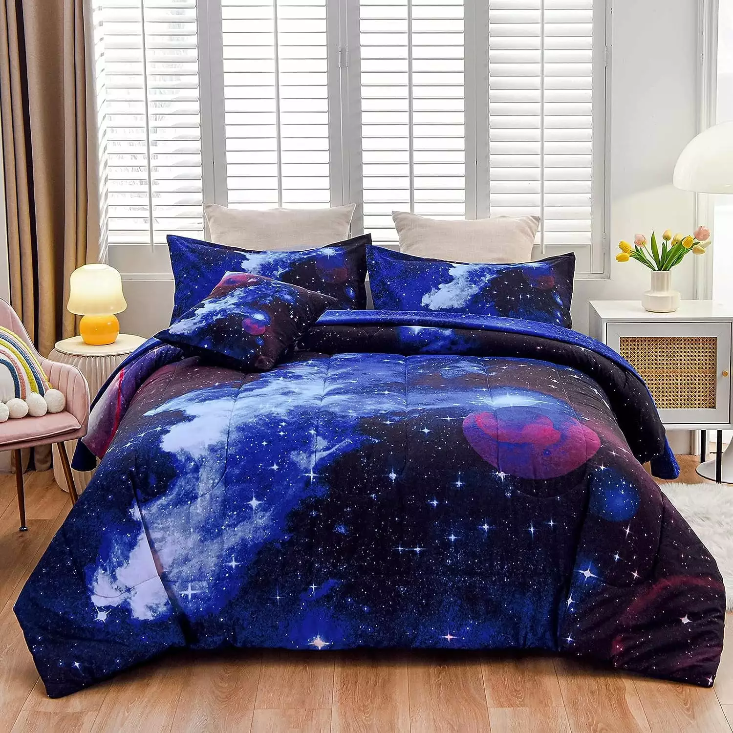 NTBED Galaxy Bedding Sets Outer Space Comforter Bed in a Bag 3D Printed Quilt for Children Boy Girl Teen Kids Twin 6Pcs