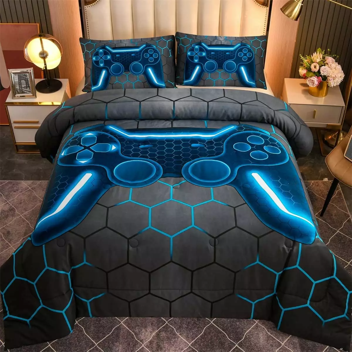 NTBED Game Console Comforter Set Kids 3D Gaming Geometric Lightweight Bedding Sets Blue Twin