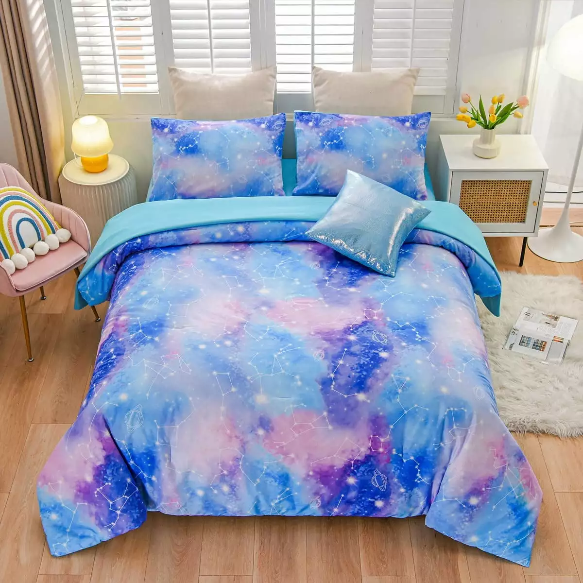 NTBED Tie Dye Constellation Ombre Comforter Set Twin Gradient Galaxy Bedding Set Blue Purple 6pcs