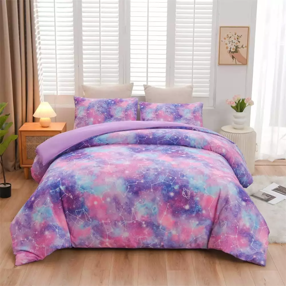 NTBED Tie Dye Constellation Ombre Comforter Set Twin Size Gradient Galaxy Bedding Set for Kids Girls Boys Purple 3Pcs