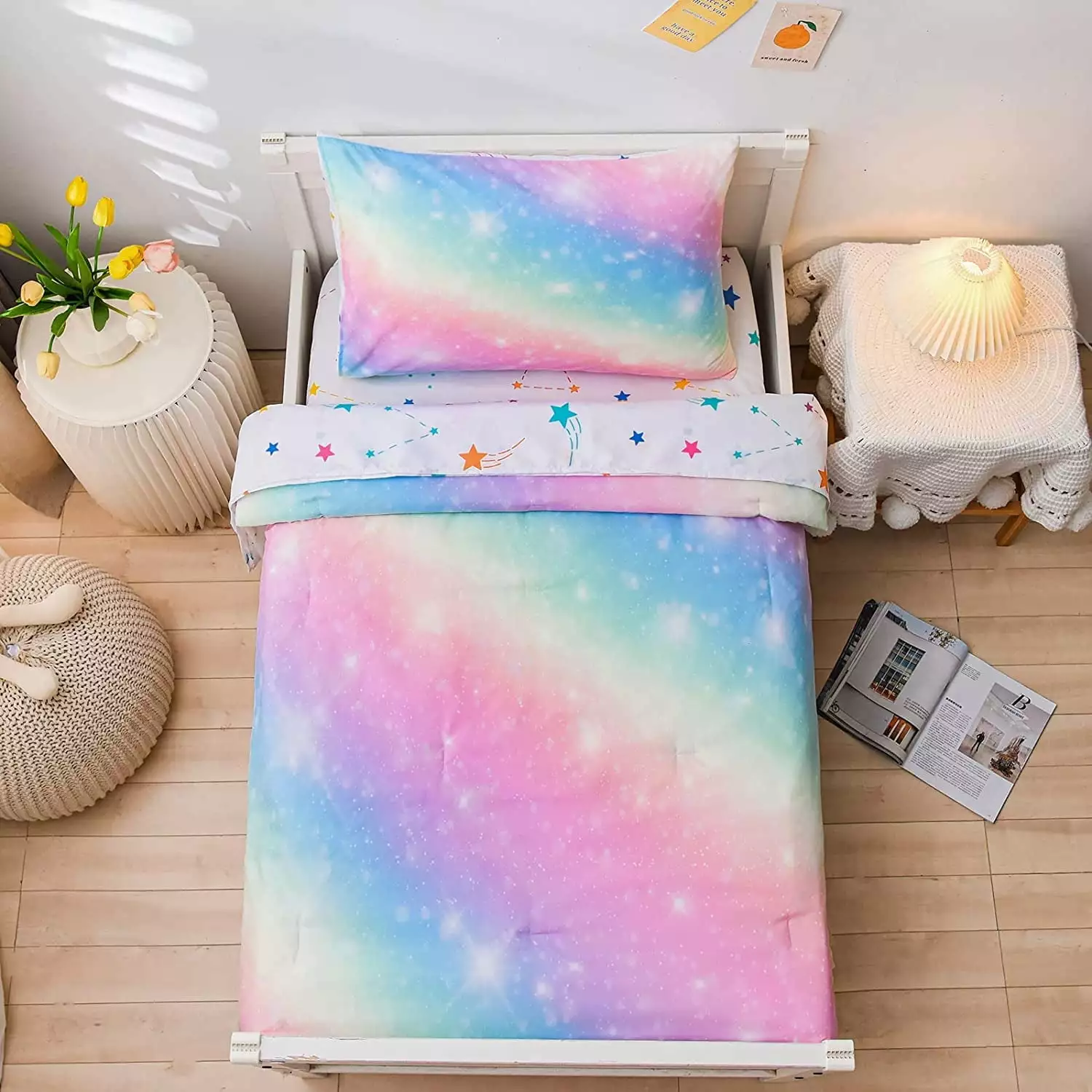 NTBED Toddler Bedding Set for Baby Girls Rainbow Glitter Comforter Flat Sheet Fitted Sheet and Pillowcase Pink Yellow 4 Pcs