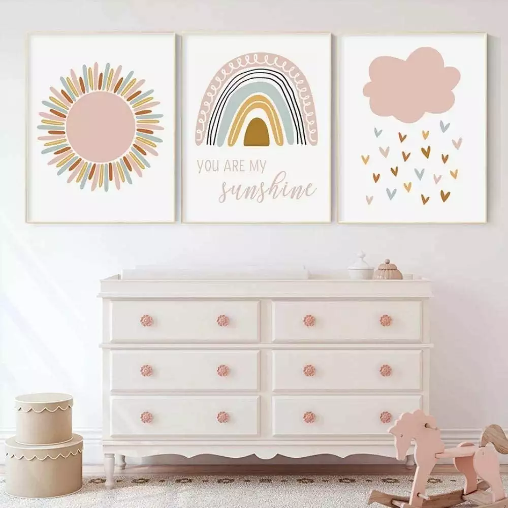 Namzi Boho Pink Rainbow Clouds You are My Sunshine Nursery Poster Canvas Painting Print Girl Wall Art Picture for Kids Room Home Decor-40x50cmx3 No Frame