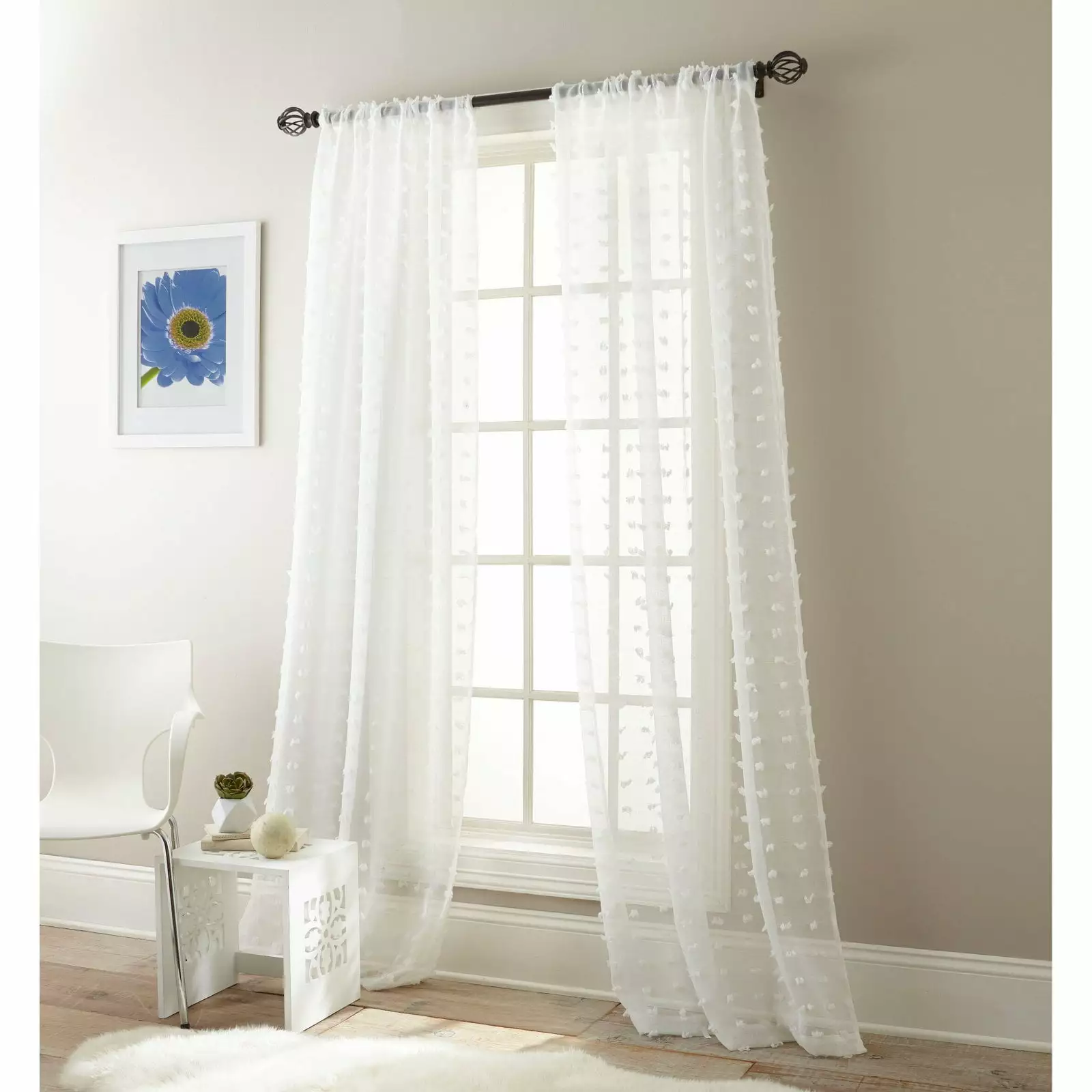 Nanshing Olly Sheer Rod Pocket Pom Pom Window Curtain Panels. Set of 2. White. 37 x 84