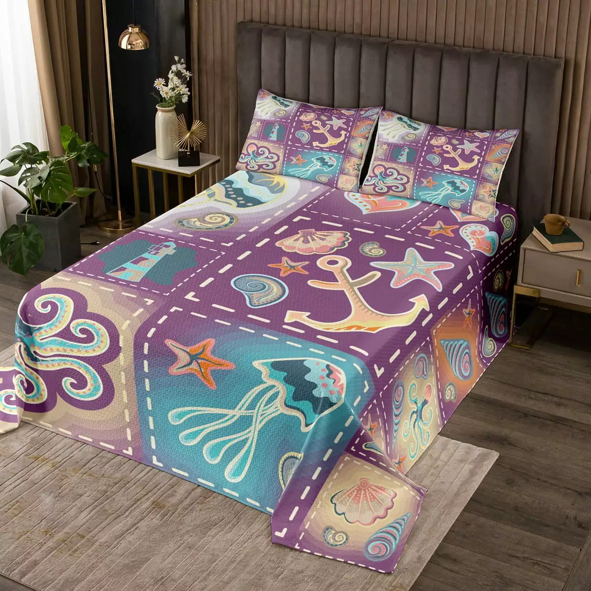 Nautical Quilt Set Boat Anchor Twin Bedspread Set for Boys Kids Child.Octopus Tentacles Jellyfish Coverlet Set Watercolor Starfish Shell Conch Patchwork Quilted Hawaii Beach Ocean Decor