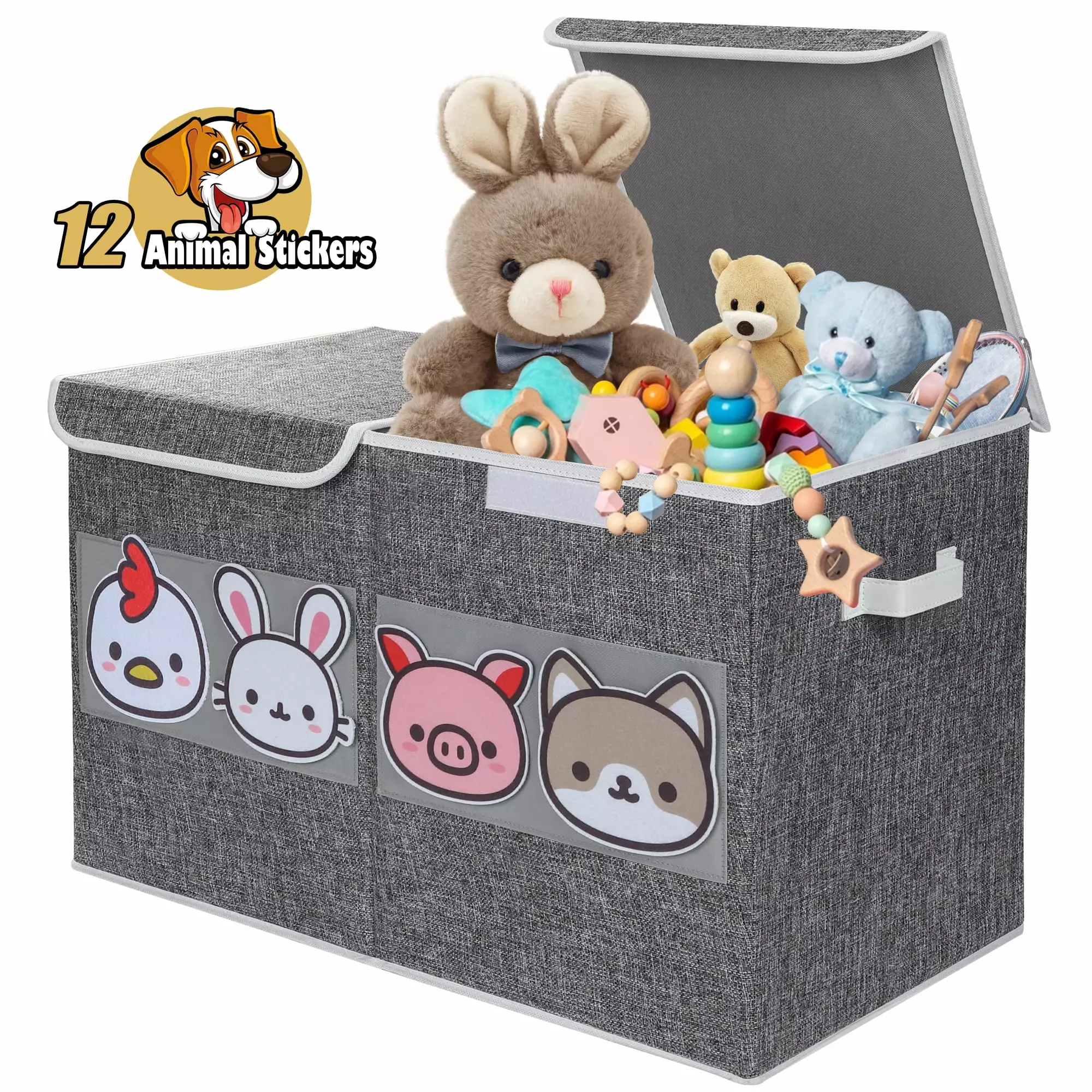 Nefoso Toy Box. 80L Large Toy Box with Animal Stickers and Lids Handles. Collapsible Toy Box Storage for Playroom. Clothes. Plush Toys. Linen Gray