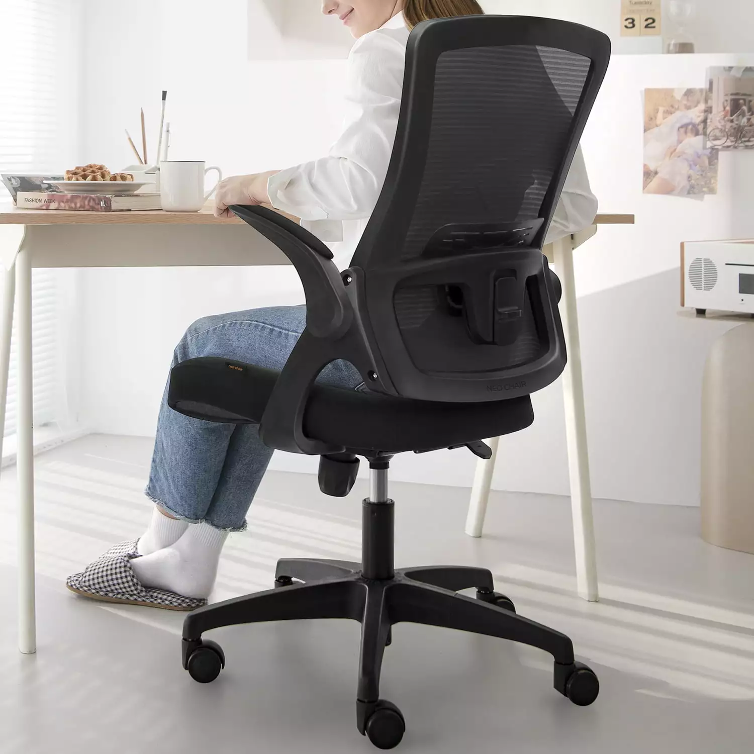 Neo Chair Ergonomic High Back Office Chair with Flip-up Arms Adjustable Lumbar Support. Black