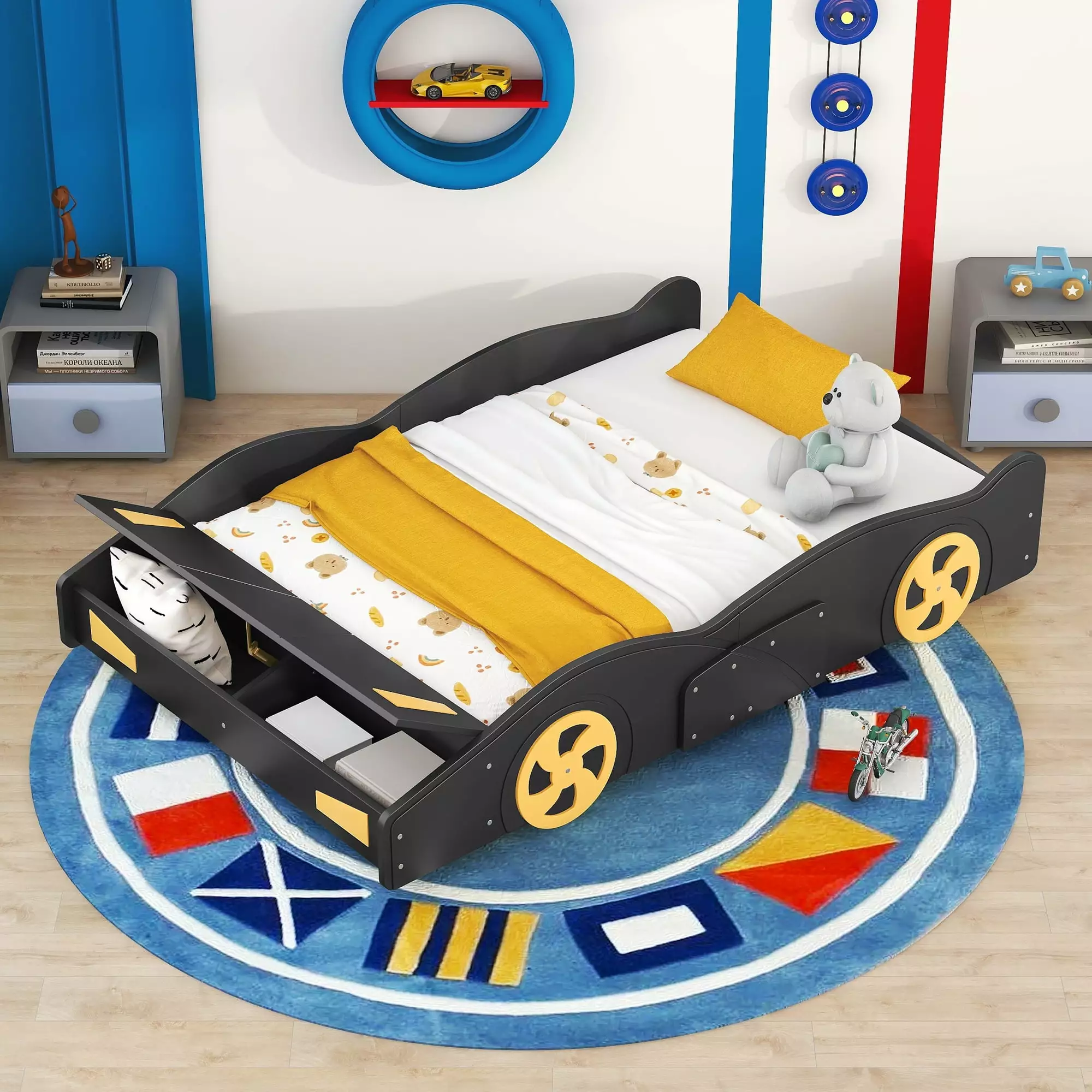 Nestfair Black Full Size Race Car-Shaped Platform Bed with Wheels and Storage