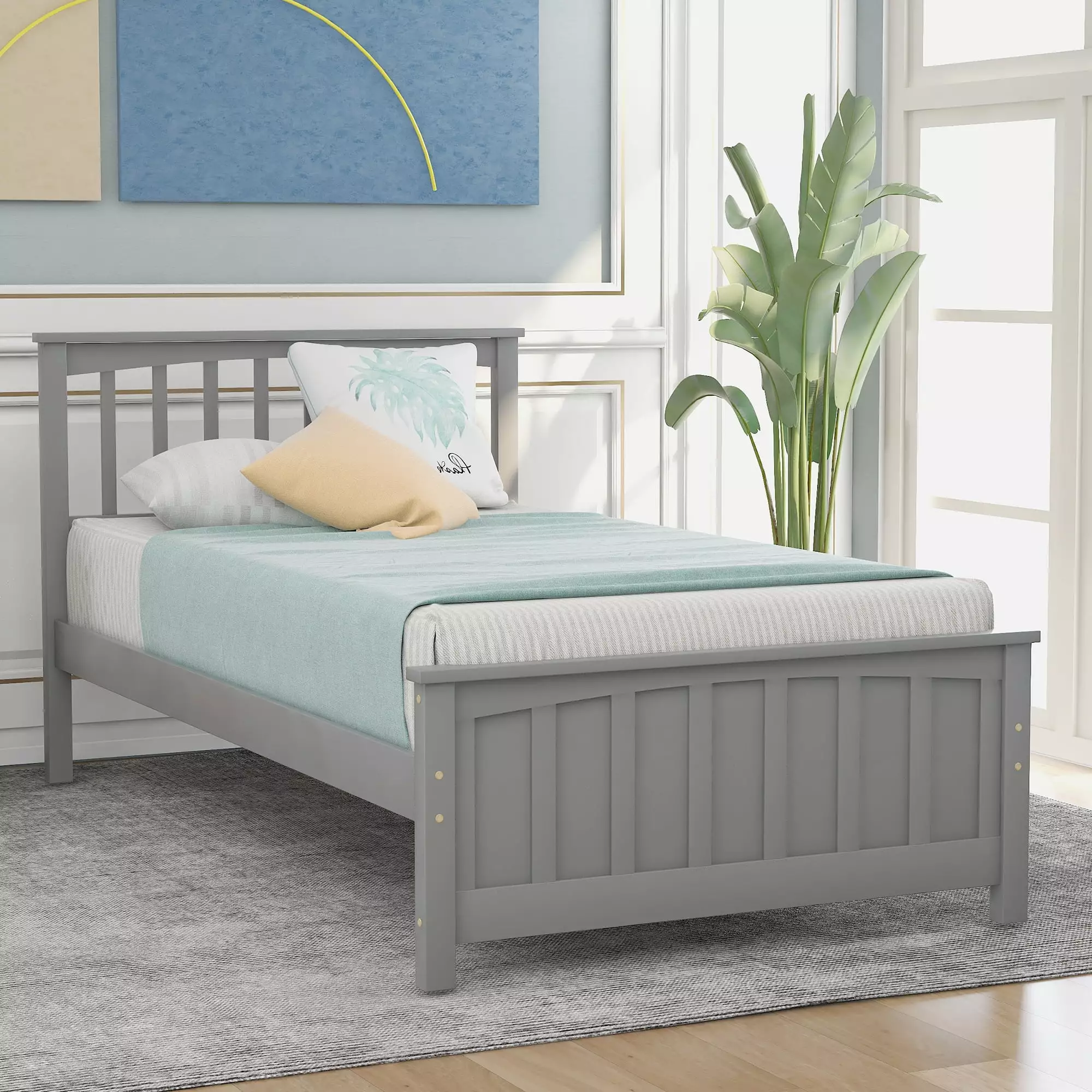 Nestfair Gray Classic Twin Size Wood Platform Bed