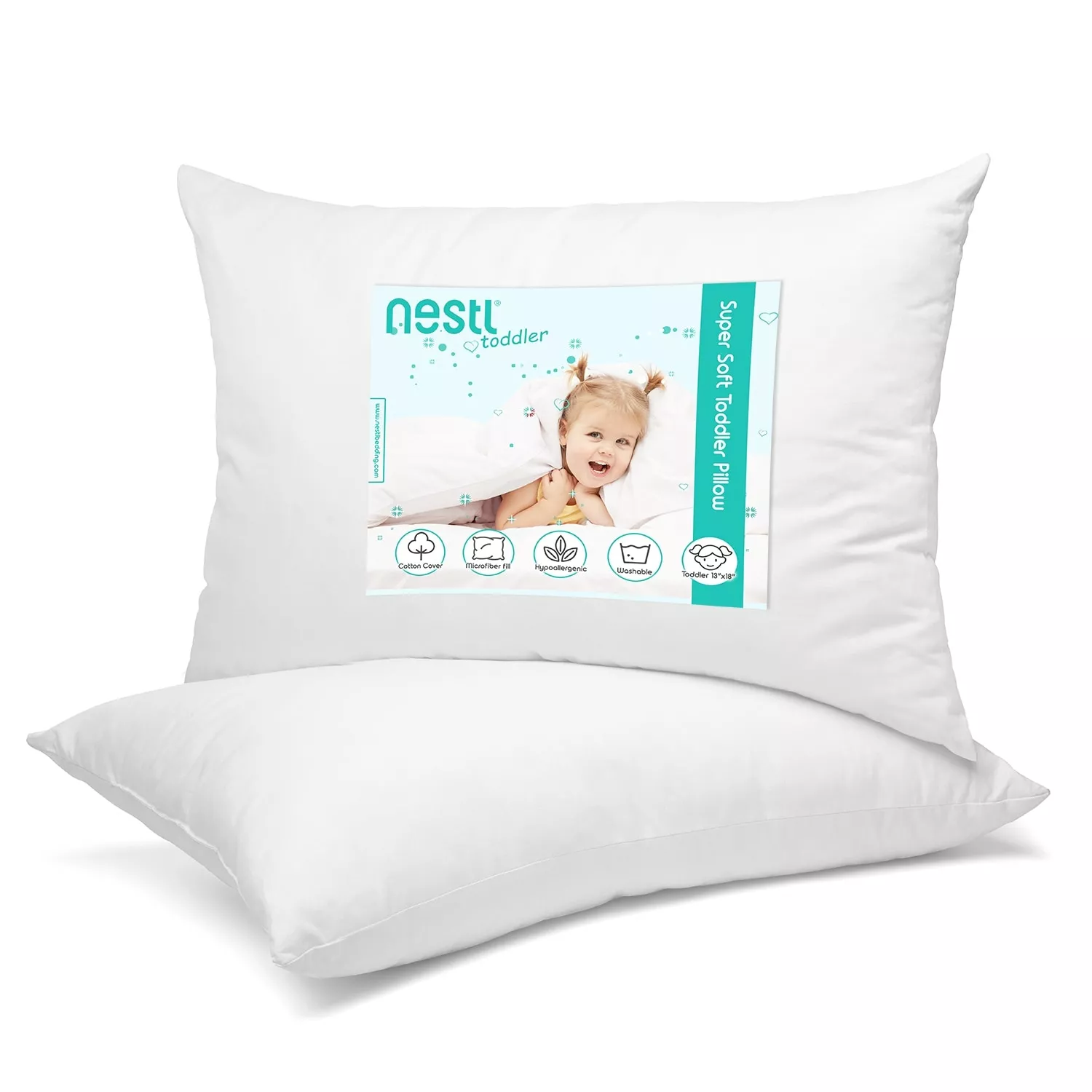 Nestl 100% Organic Cotton Cover Toddler Pillow - Soft Cool Travel Kids Pillow - 13 x 18 Inches - White Set of 4