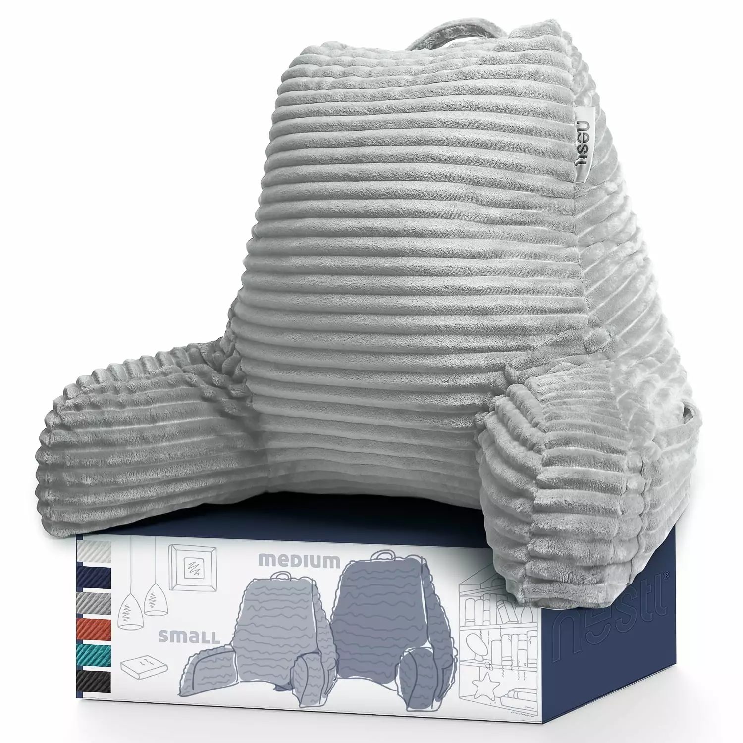 Nestl Backrest Reading Pillow. Back Support Pillow with Arms. Shredded Memory Foam Bed Rest Pillow. Silver Gray