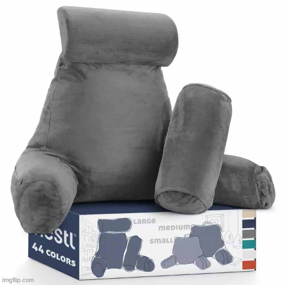 Nestl Backrest Reading Pillow. Bed Rest Pillow with Arms. Shredded Memory Foam Back Support Pillows. Large. Gray