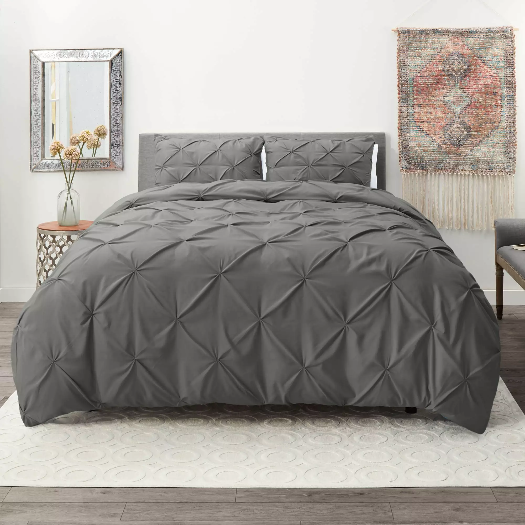 Nestl Down Alternative Comforter Set with Pillow Shams. Pinch Pleated Comforter. 3-Piece Bedding Set. Queen/Full. Gray