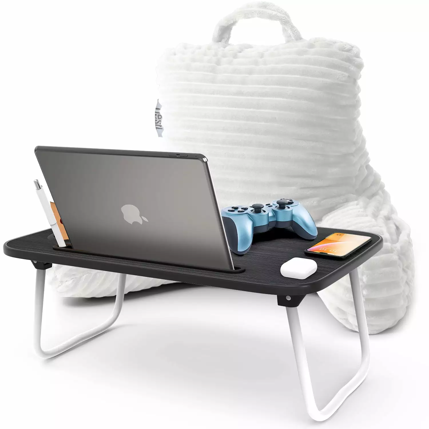 Nestl Reading Pillow Bonus Portable Lap Desk Stand for Laptop 19x11. Cut Plush Striped Back Support Pillow. Shredded Memory Foam Bed Rest Pillow with Arms for Kids & Teens - Small. White