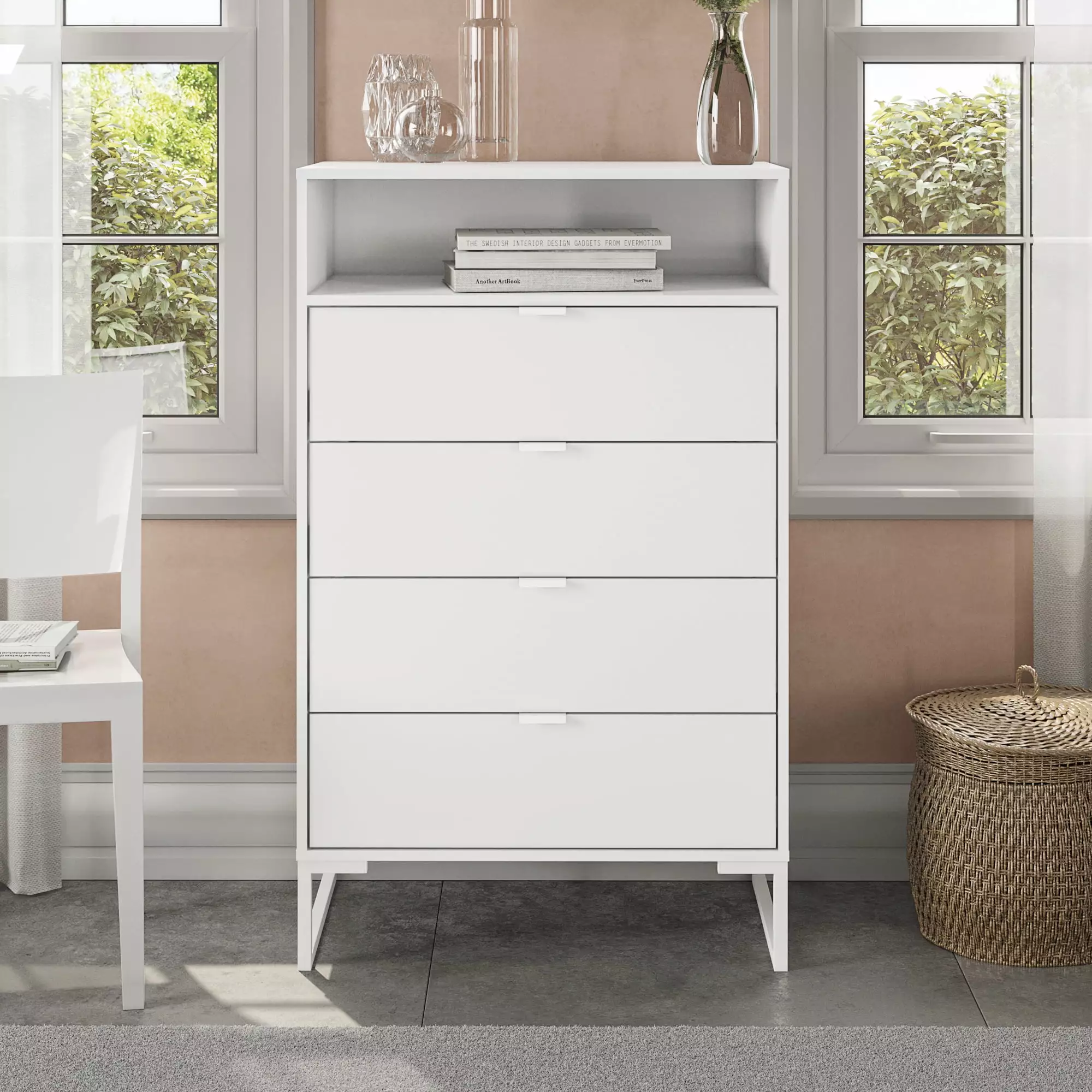 New Collins Tall 4-Drawer Vertical Dresser with Storage Niche. In White Melamine Finish. 47.6 in H x 29.3 in W x 17.7 in D