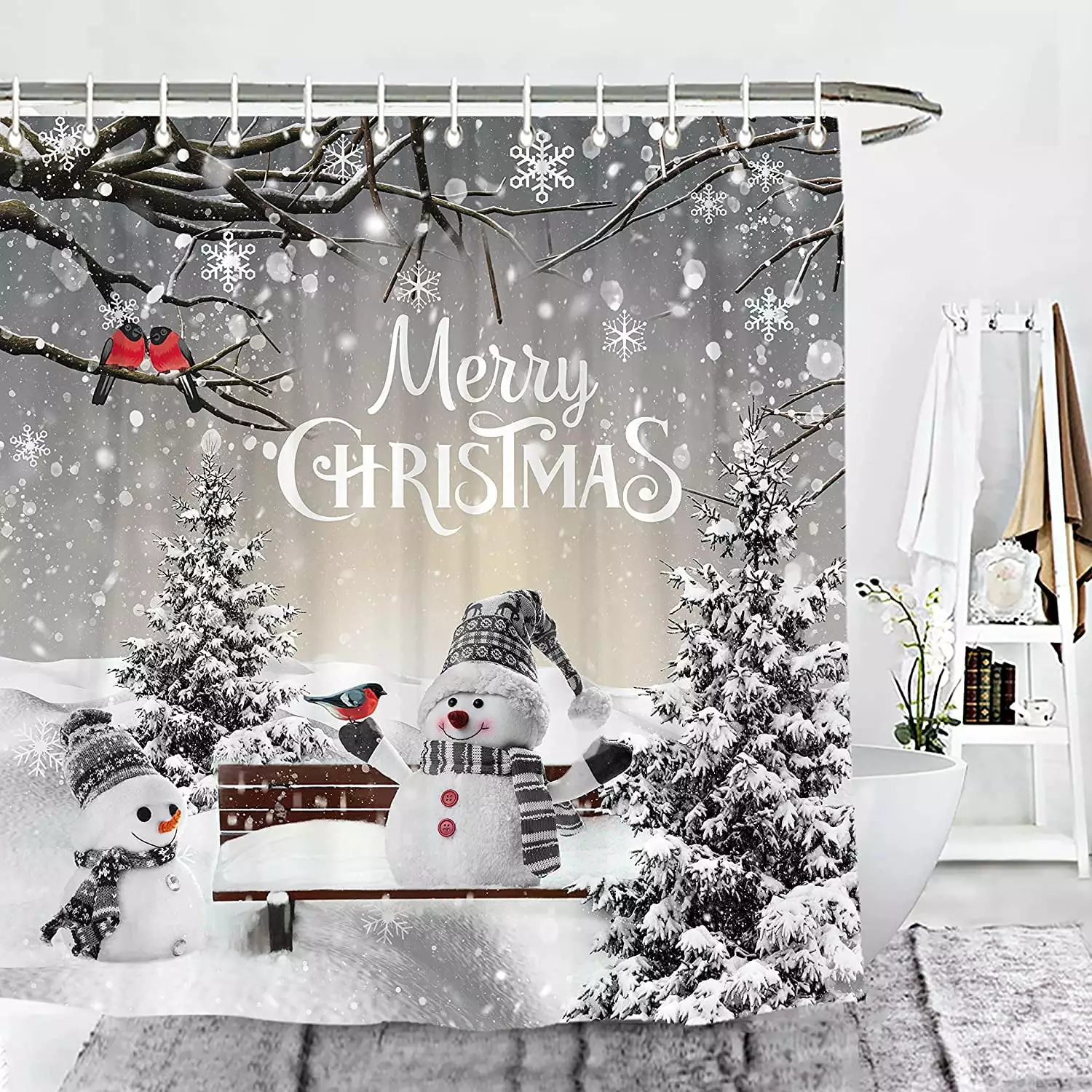 Newhomestyle 72 x 72 Inches Merry Christmas Winter Snowman Shower Curtain Xmas Tree Cardinal Bird Snowflake Holiday Bathroom Decor with Hooks