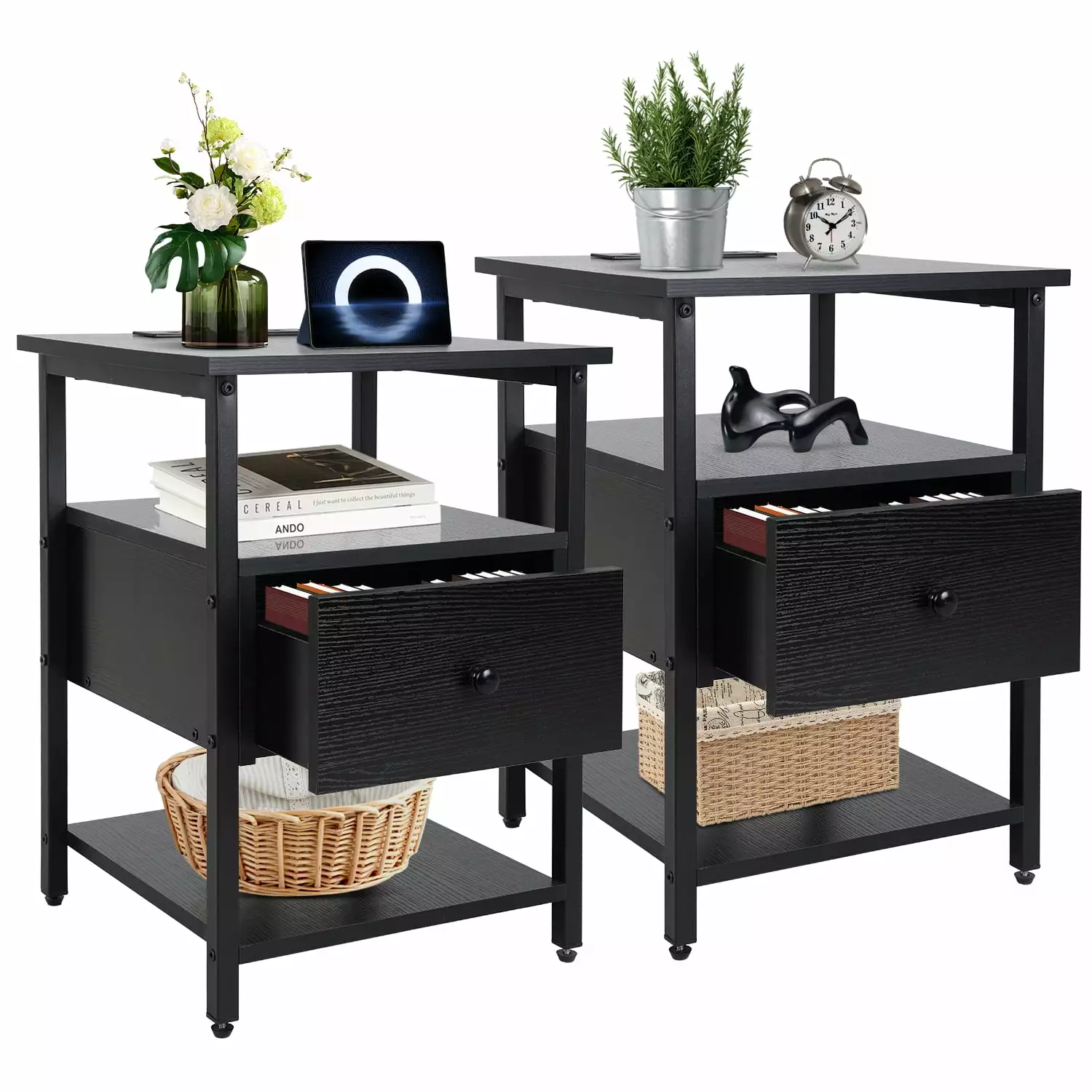 NiamVelo Nightstand with Charging Station Side End Table with 1 Drawer & Storage Shelf. Black 2 pack