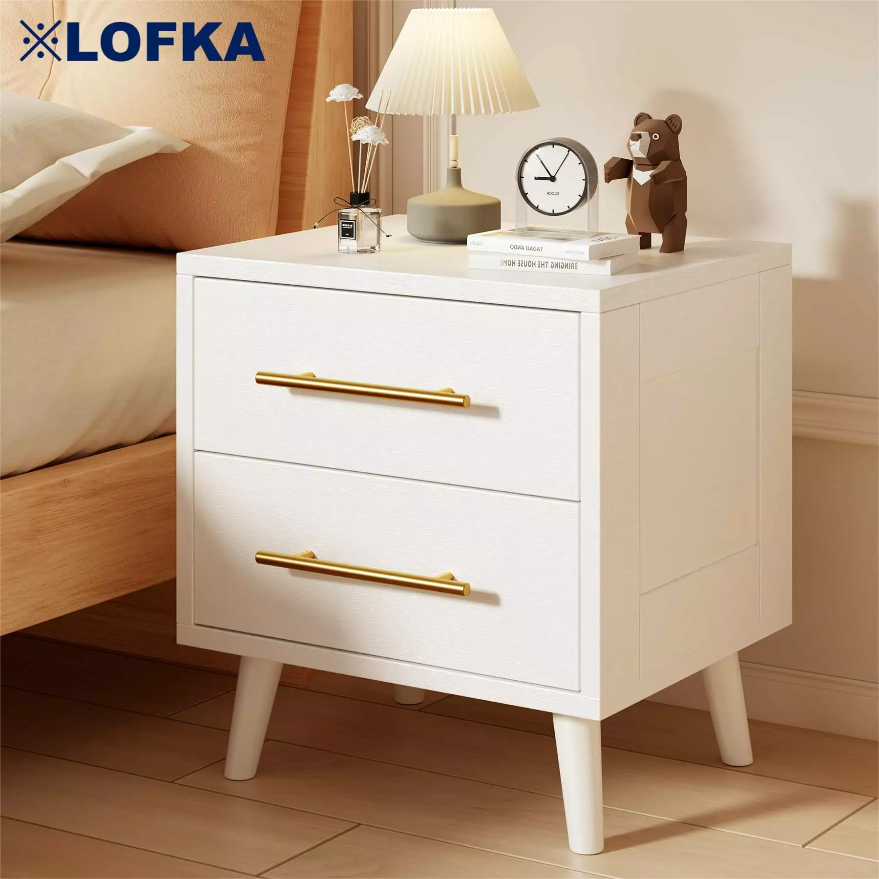 Night Stand with 2 Drawers. Lofka Bedside Table for Bedroom. Modern Wood Nightstand. 20 Height. White