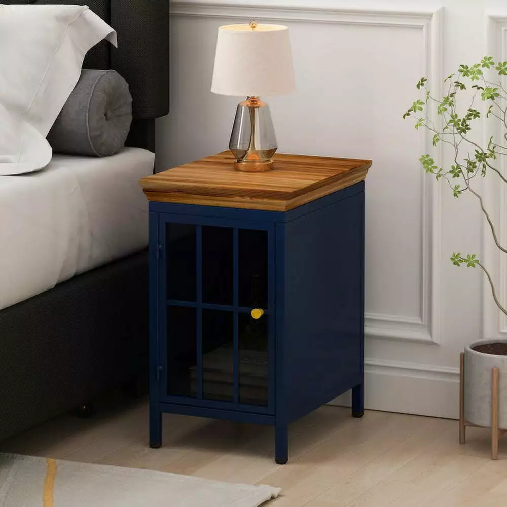 Nightstand with Storage Cabinet & Solid Wood Tabletop. Bedside Table. Sofa Side Coffee Table for Bedroom. Living Room. Dark Blue.Load bearing 44 pounds