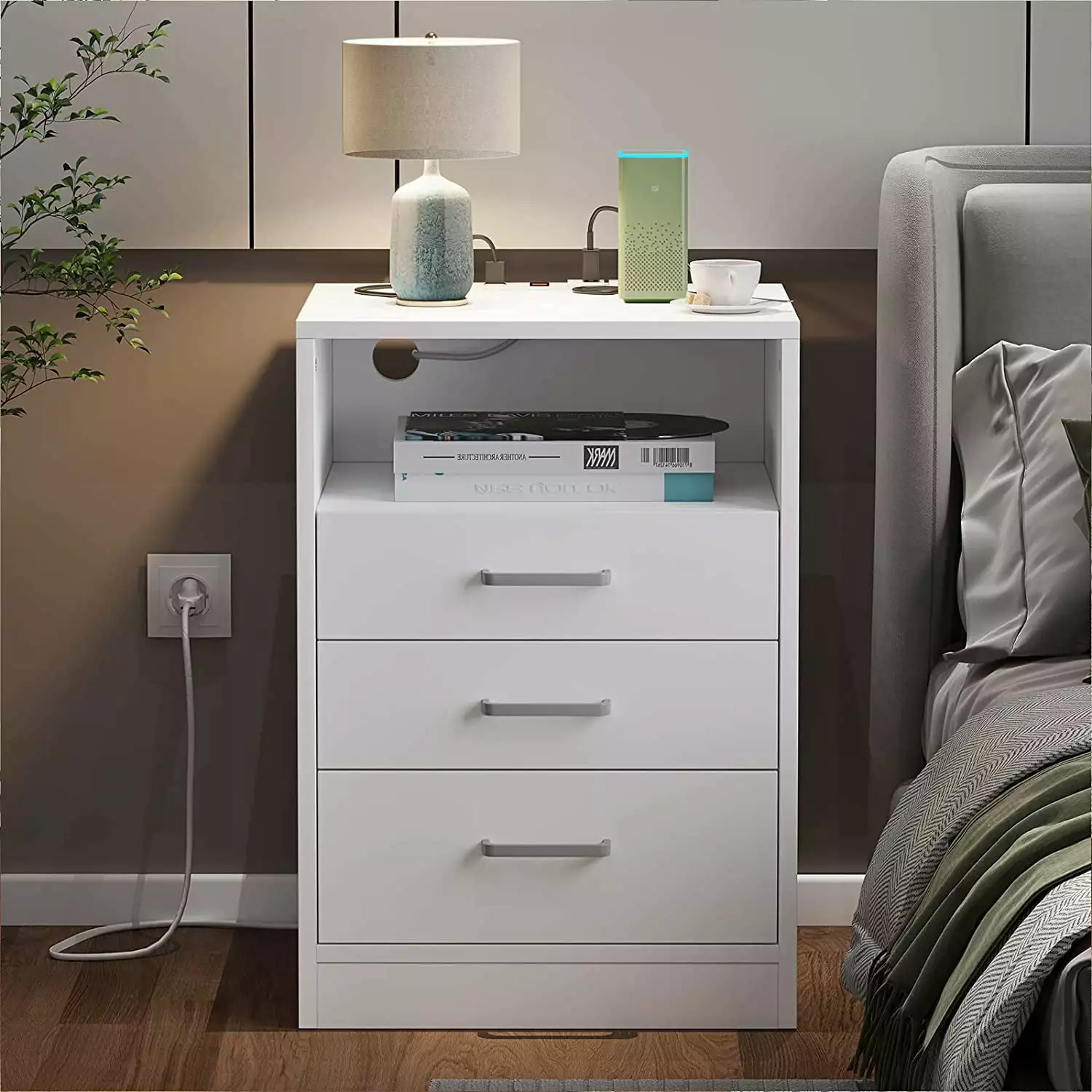 Morden Nightstand with 3 Drawers Open Shelf for Bedroom Living Room.Wooden Side Table with Charging Station.White Finish