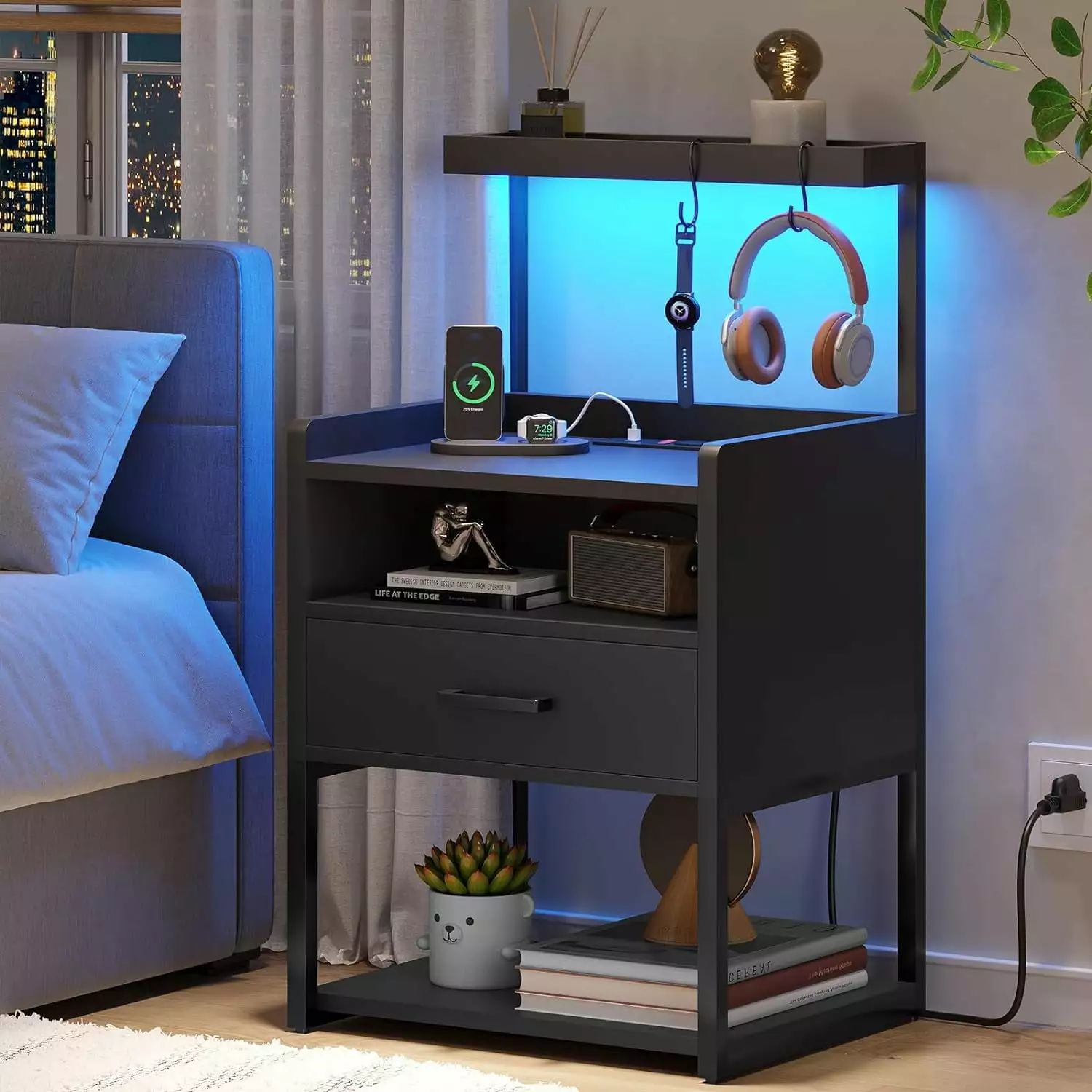 Nightstand with USB Plug Charging Station.Black Night Stand with Drawer and Storage Shelves.LED End Side Table.Easy Assembly Edge Protection