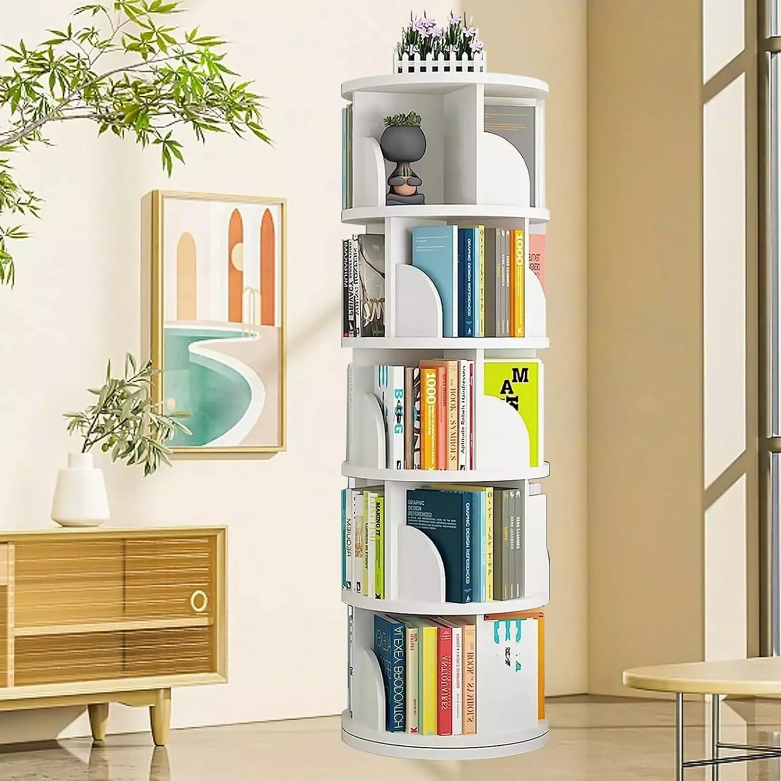 Qunbio 5 Tier Rotating Bookshelf. 360 Degrees Revolving Bookcase with 20 Shelves. Corner Freestanding Storage Shelf