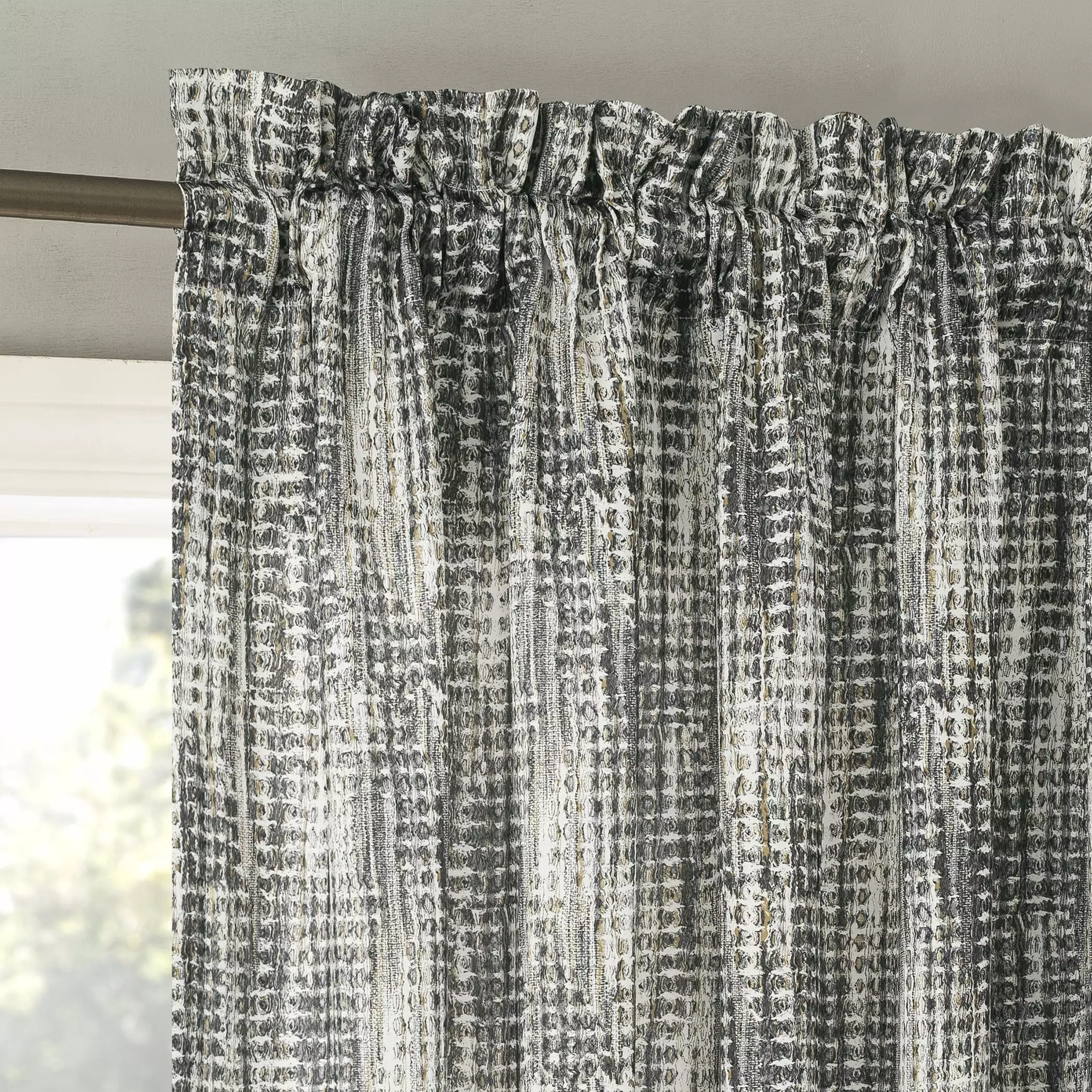 No. 918 Aran Crosshatch Print Semi-Sheer Rod Pocket Curtain Panel. 54x63. Gray