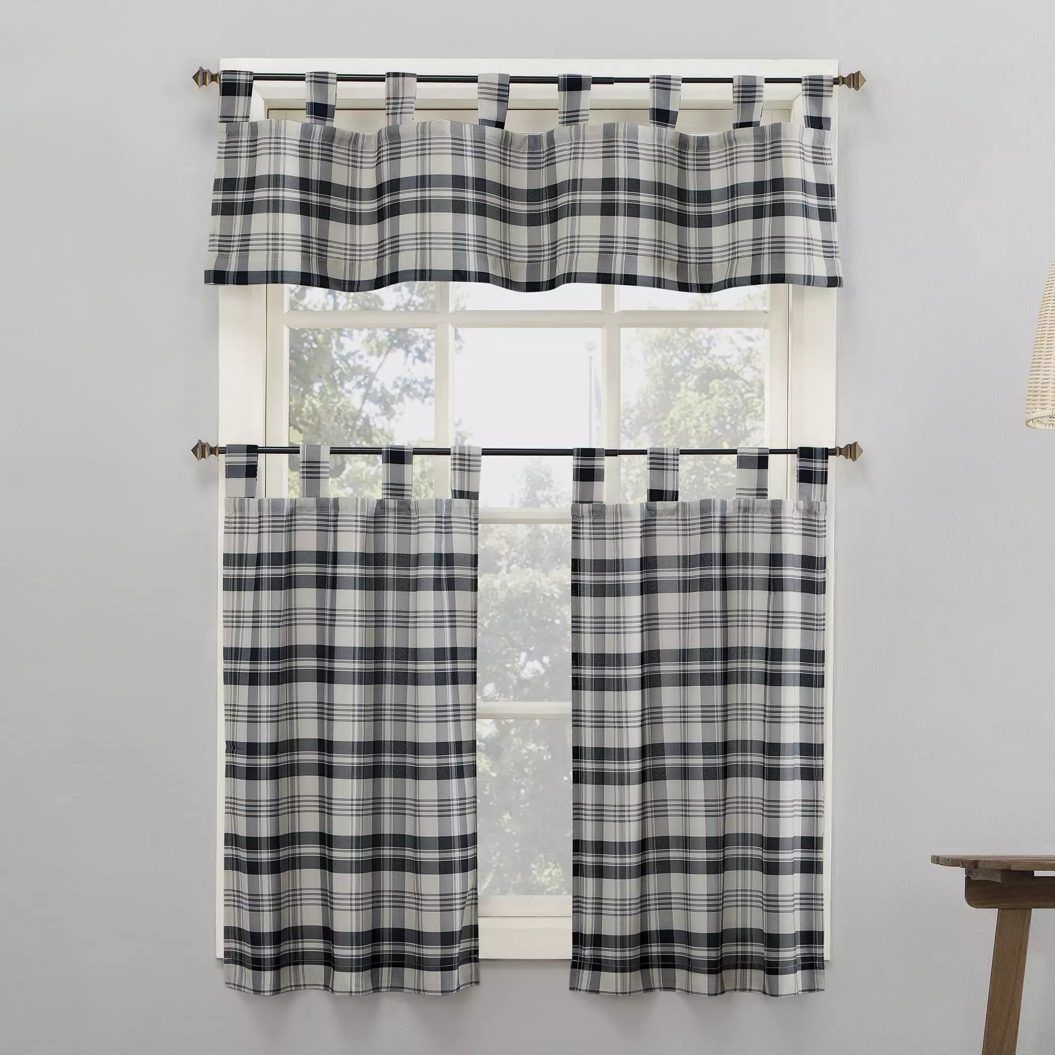 No. 918 Blair Farmhouse Plaid Semi-Sheer Tab Top Kitchen Curtains. 52x36. Coal