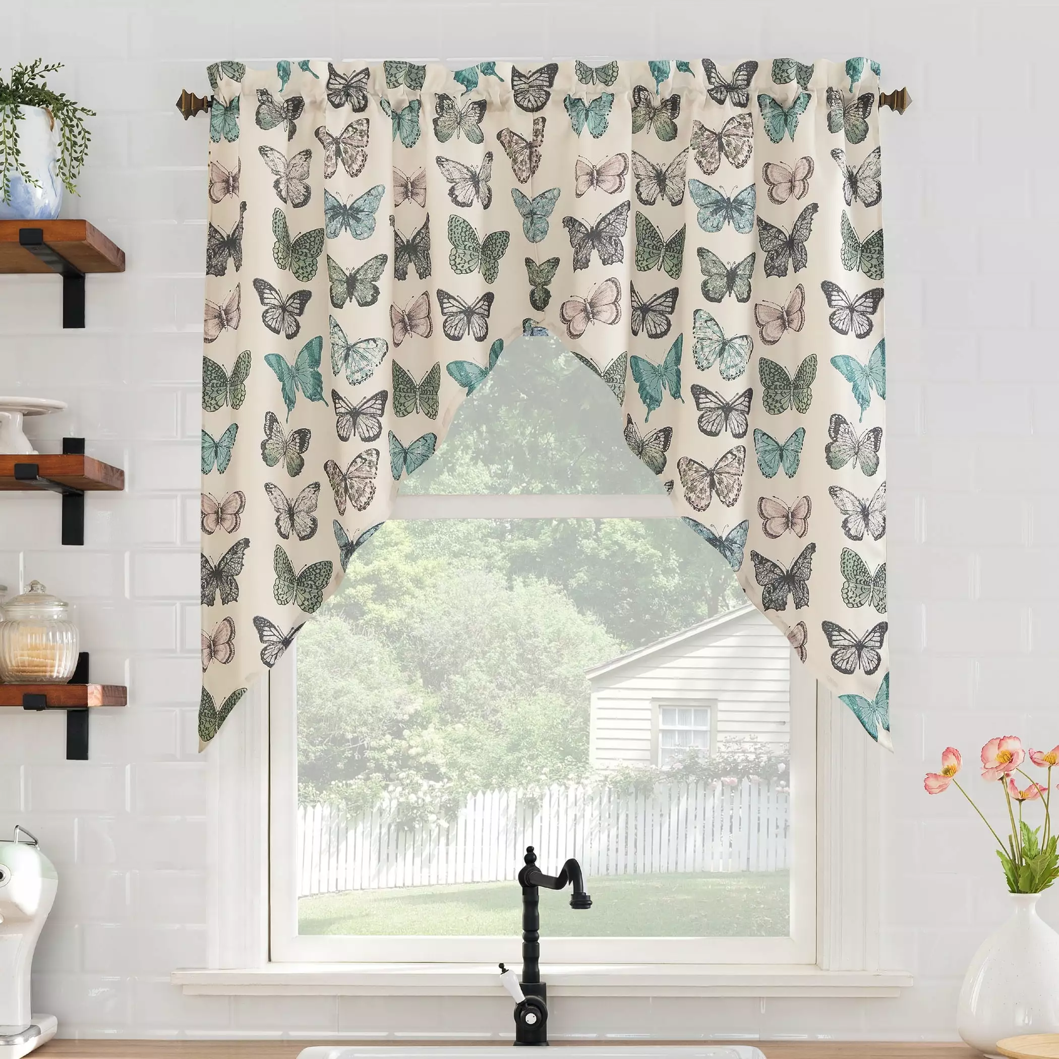 No. 918 Magdalena 2-pack Butterfly Print Sheer Rod Pocket Kitchen Curtains. 56x38