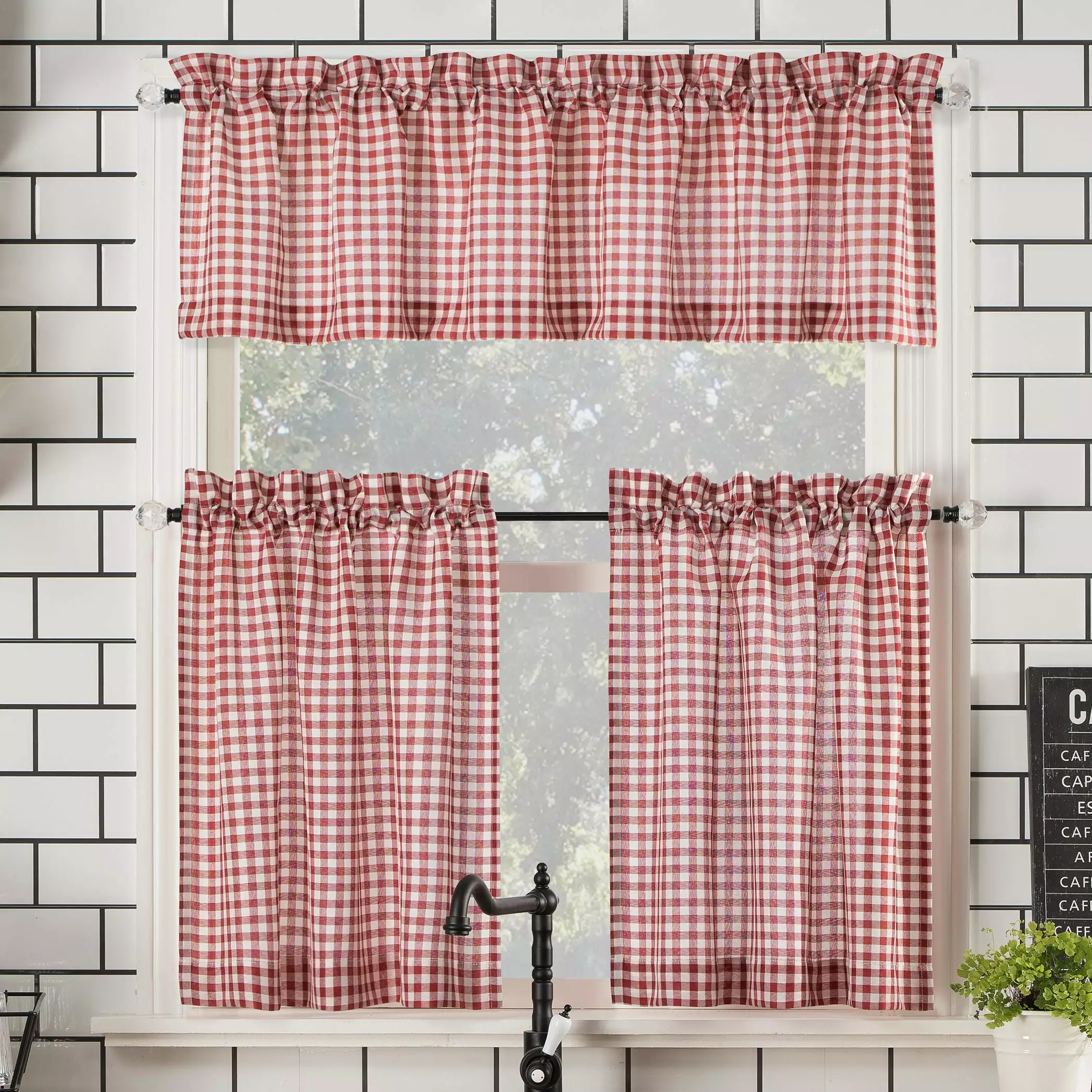 No. 918 Parkham Farmhouse Plaid Semi-Sheer Rod Pocket Kitchen Curtain Valance and Tier Set. 54 x 24