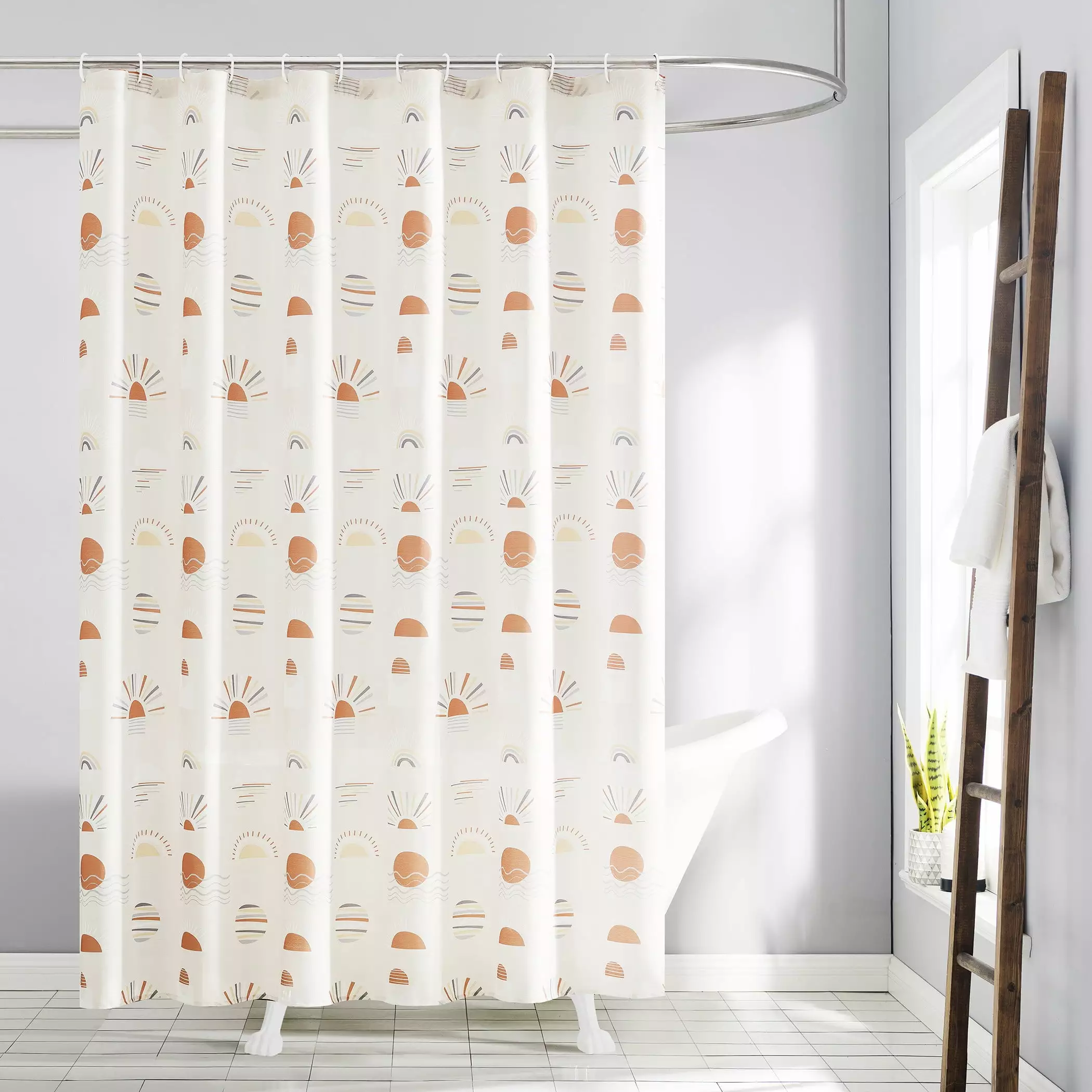 No. 918 Sunrise 13-Piece Boho Print Shower Curtain and Rings Set. 70x72. Coral