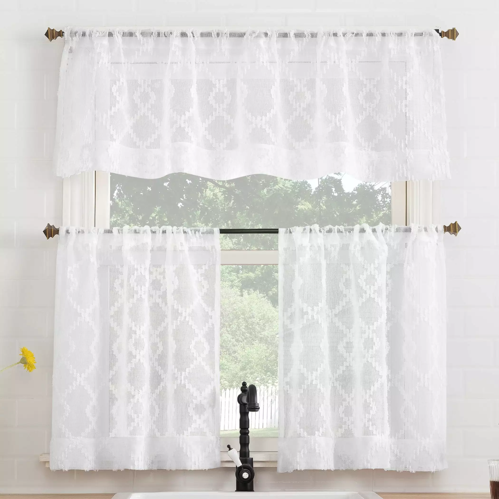 No. 918 Tina Geometric Clipped Semi-Sheer Rod Pocket Kitchen Curtains. 54x36