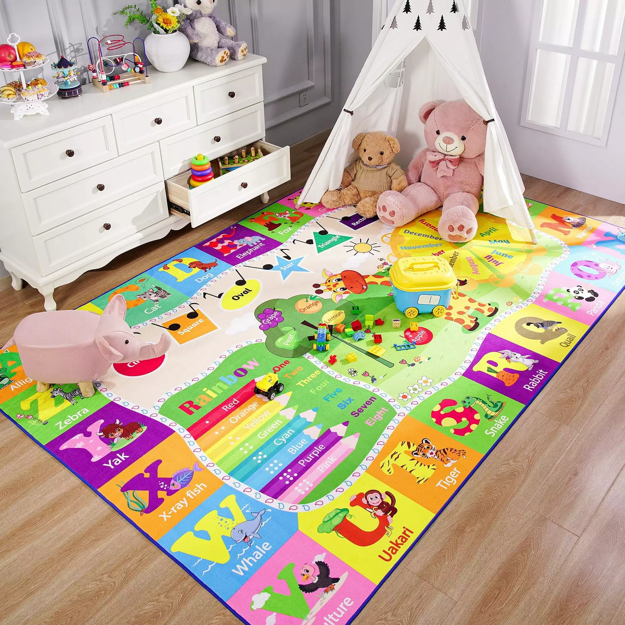 Noahas Kids Play Rug Alphabet Educational Area Rug. Soft Animal Learning Area Rug for Kids Room Bedroom Playroom. Green and Yellow. 3x5 Feet