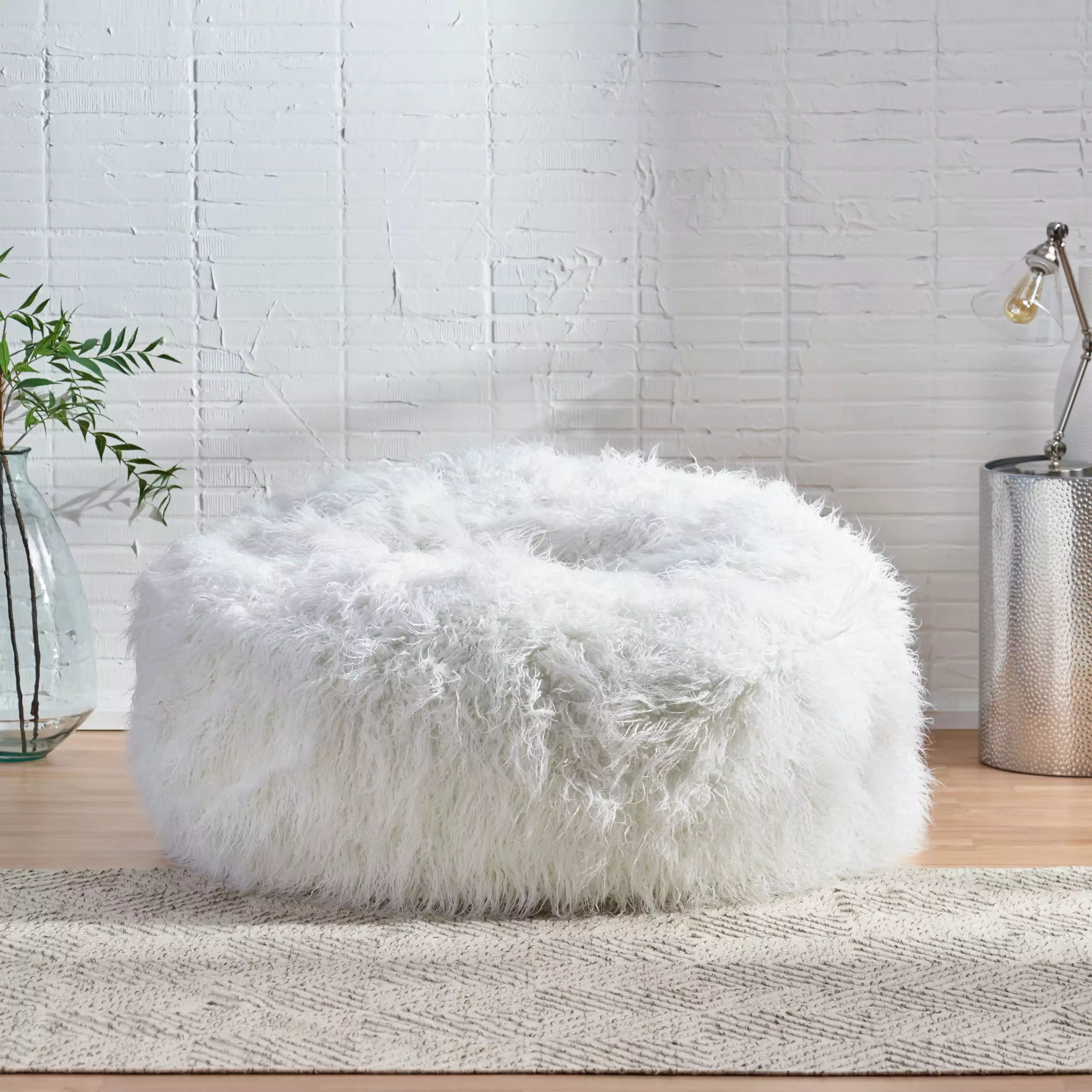 Noble House Rubani Faux Furry Bean Bag Chair. White