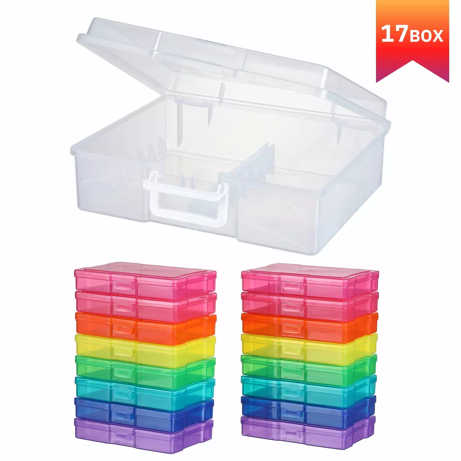 Novelinks Transparent 4 x 6 Photo Cases and Clear Craft Keeper with Handle - 16 Inner Cases Plastic Storage Container Box (Multi-colored)