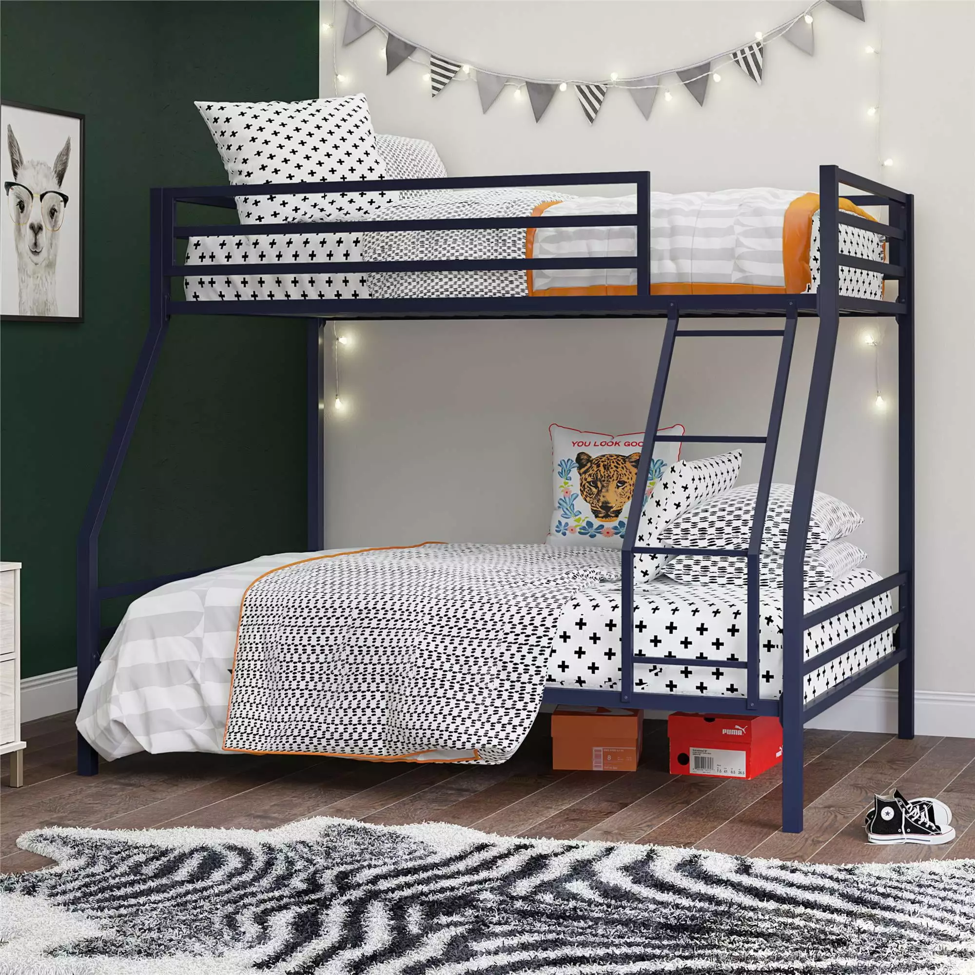 Novogratz Maxwell Twin-Over-Full Metal Bunk Bed with Ladder and Guardrails. Easy Assembly. Navy Blue