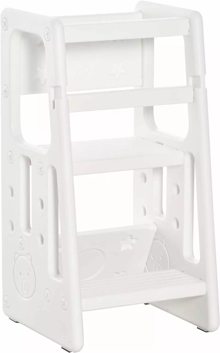 Nursery Kitchen Step Stool w/ 3 Adjustable Heights Toddler Standing Tower Kids Learning Stool w/Double Safety Rails & Non-Slip Foot Pads Cooking Stool Stand Helper Bathroom Counter Footstool . White