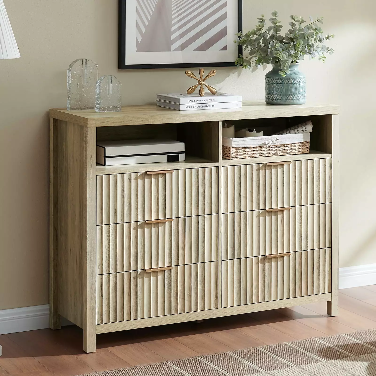 OAKHAM 6 Drawer Dresser. Fluted Wide Chest of Drawers for Bedroom Living Room. Sunwashed Ash Oak