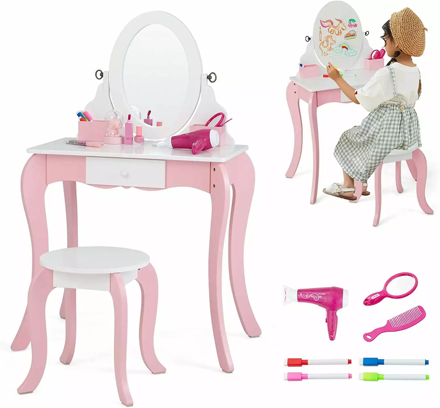 OLAKIDS Kids Vanity with 360?? Rotating Mirror and Drawing Board. 2 in 1 Princess Makeup Dressing Table and Stool with Accessories. Drawers. Wooden Play Vanity Set for Little Girls