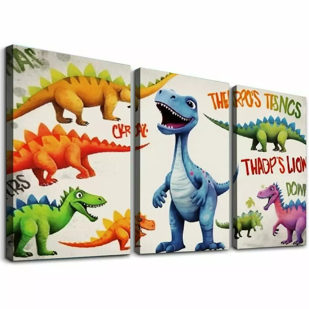 ONETECH Dinosaur Wall Art Cute Dinosaur Pictures Wall Decor for Boy Room Colorful Dino Canvas Painting Prints Boy Nursery Art Framed Artwork for Kids Bedroom Living Room Bathroom 12''x16''X3 Panels