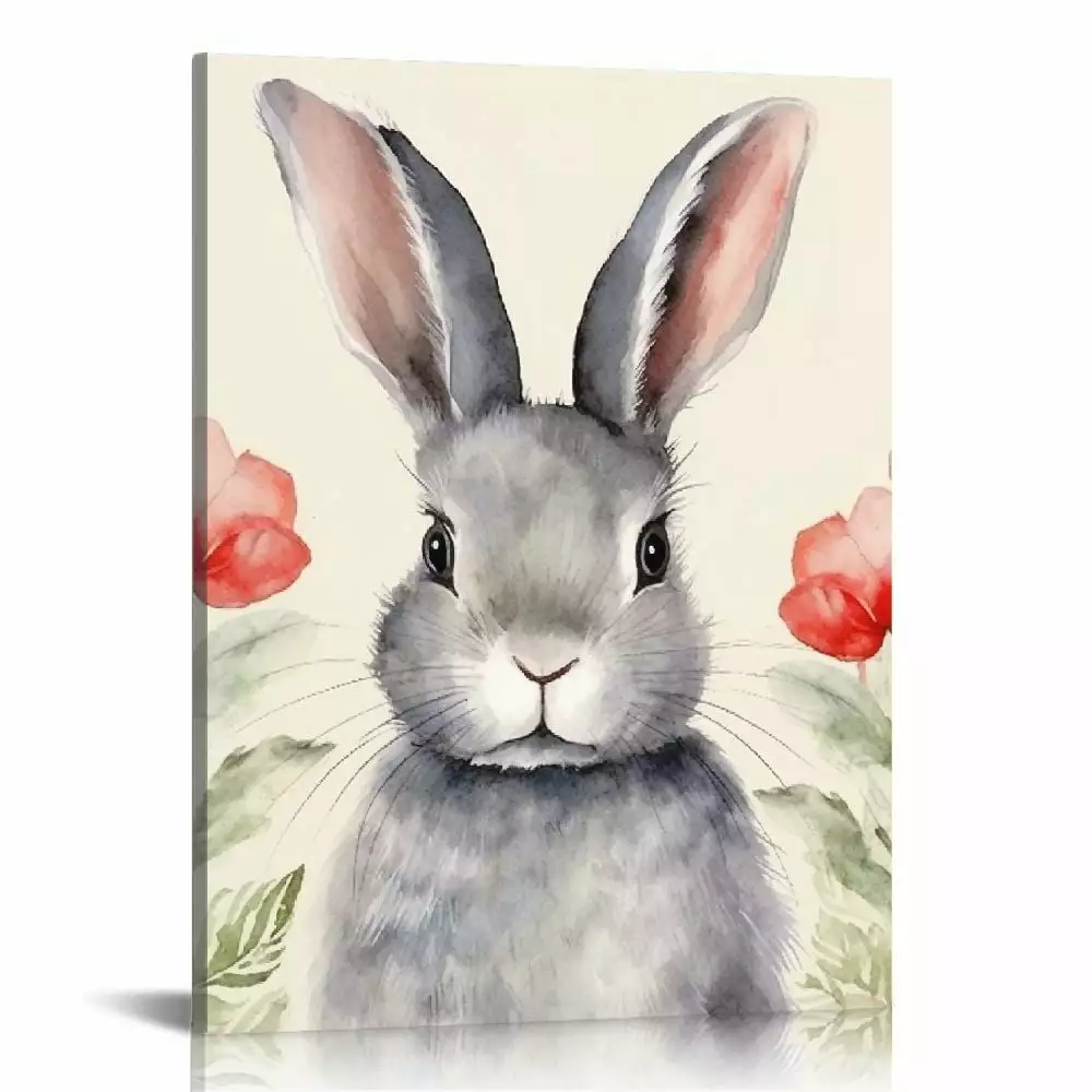 ONETECH Kids Room Decor Easter Bunny Wall Art Blue Gray Cute Rabbit Poster Picture Canvas Prints Girls Baby Wall Decorations Nursery Decor Artwork Framed Ready to Hang