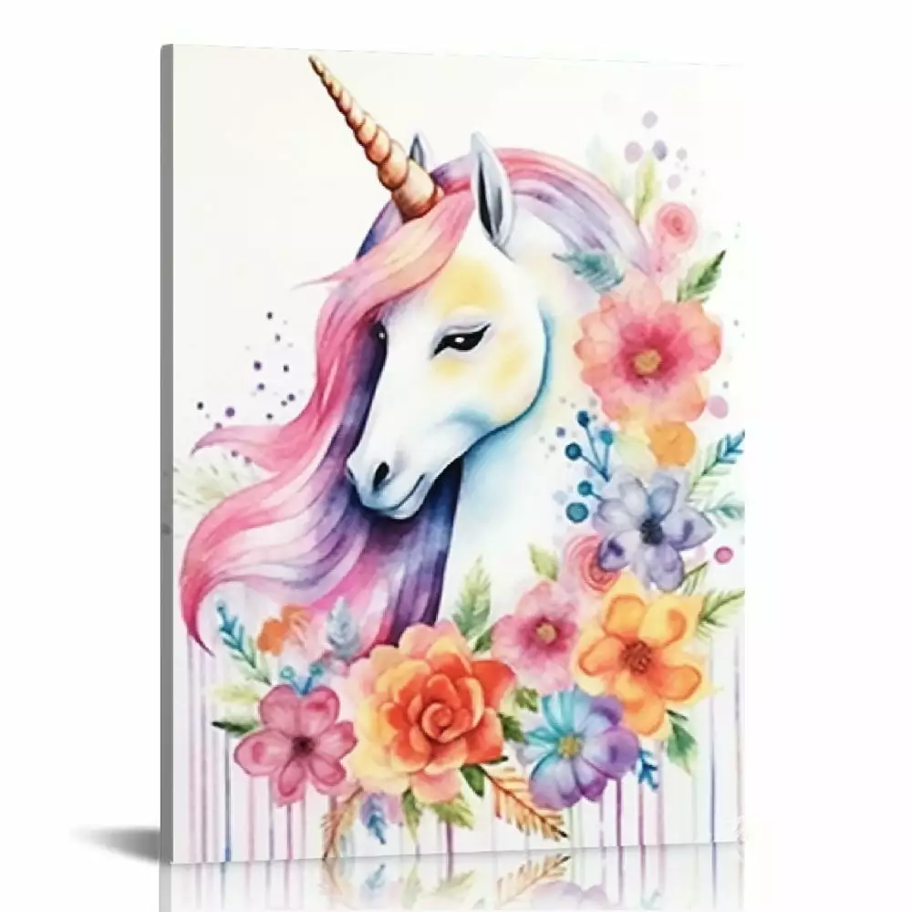 ONETECH Unicorn Wall Art for Girls Bedroom Wall Decor Colorful Rainbow Unicorn Pictures Kids Room Decor Watercolor Pink Floral Balloon Canvas Painting Children Nursery Bathroom Home Decorations