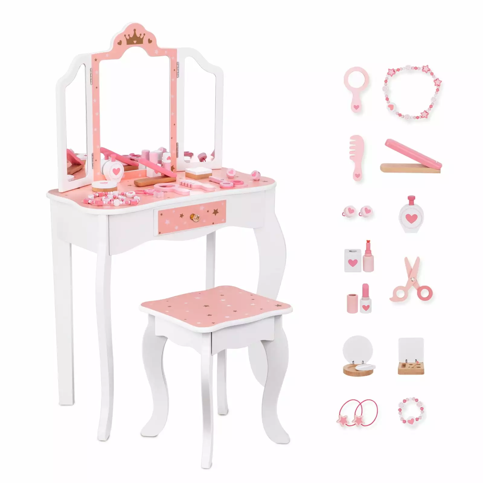 OOOK Kids Vanity Set. Girls Vanity Set with Mirror and Stool. Makeup Vanity Dressing Table for Kids. Premium Child Vanity Set as Gift. Wooden Pretend Kids Vanity Set for Little Princess.